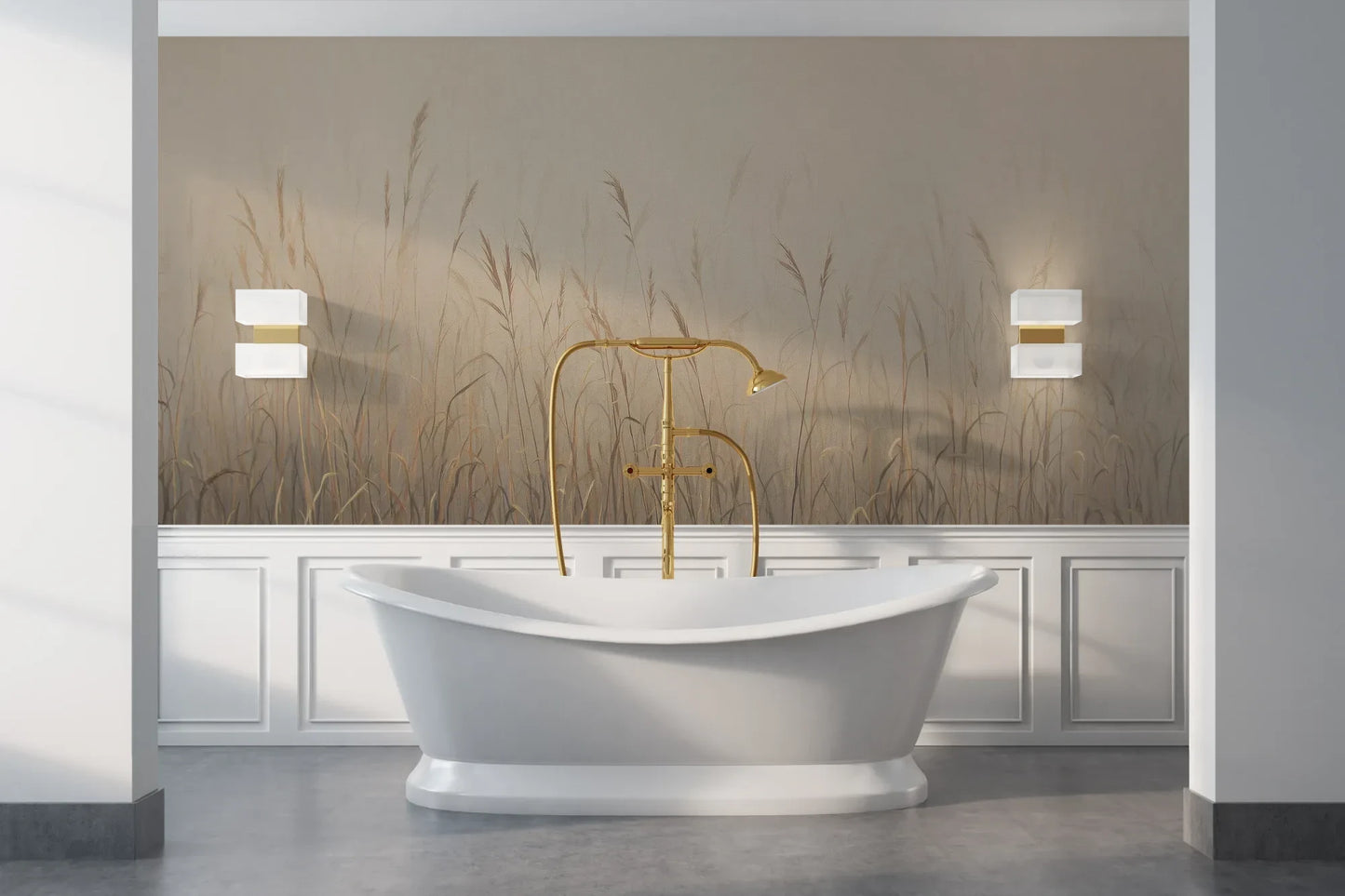 Wzór fototapety MISTY SILENCE - tapeta z mglistymi trawami o świcie pokazanej w aranżacji łazienki.