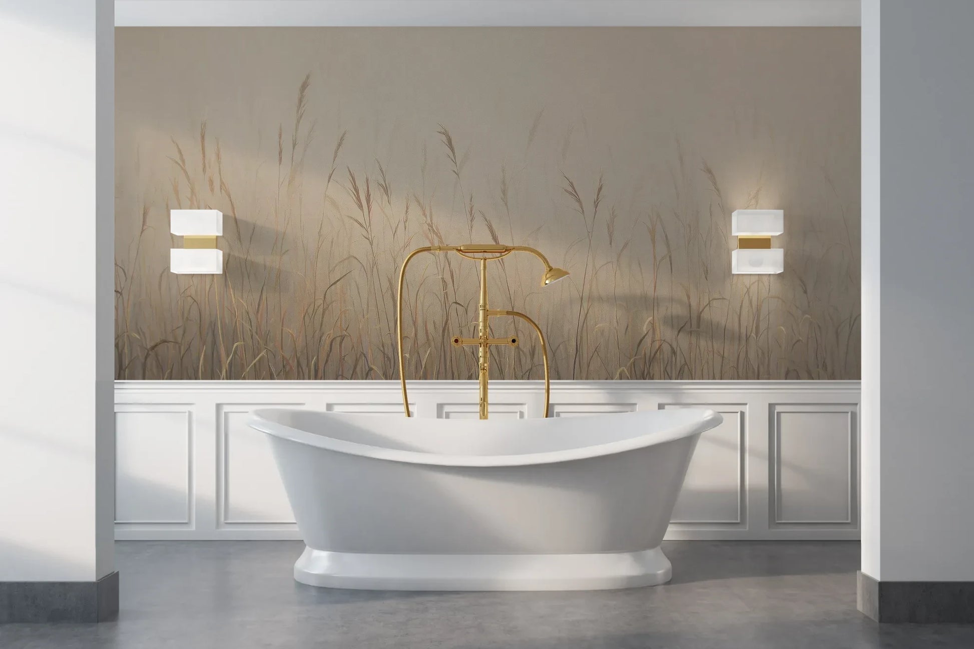 Wzór fototapety MISTY SILENCE - tapeta z mglistymi trawami o świcie pokazanej w aranżacji łazienki.