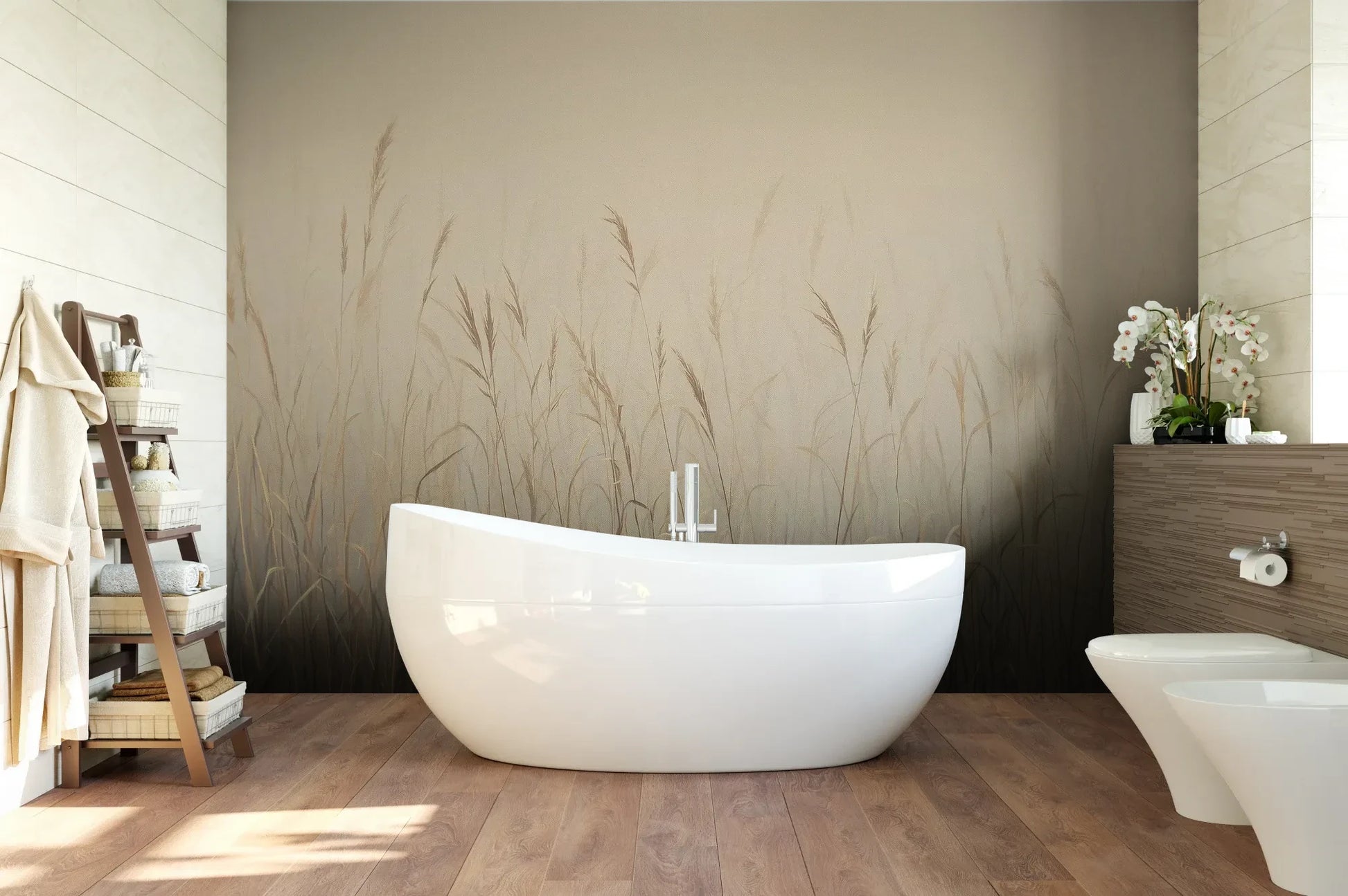Wzór fototapety MISTY SILENCE - tapeta z mglistymi trawami o świcie pokazanej w aranżacji łazienki.