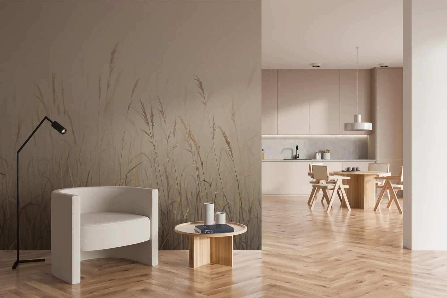 Wzór fototapety MISTY SILENCE - tapeta z mglistymi trawami o świcie pokazanej w aranżacji kuchni.