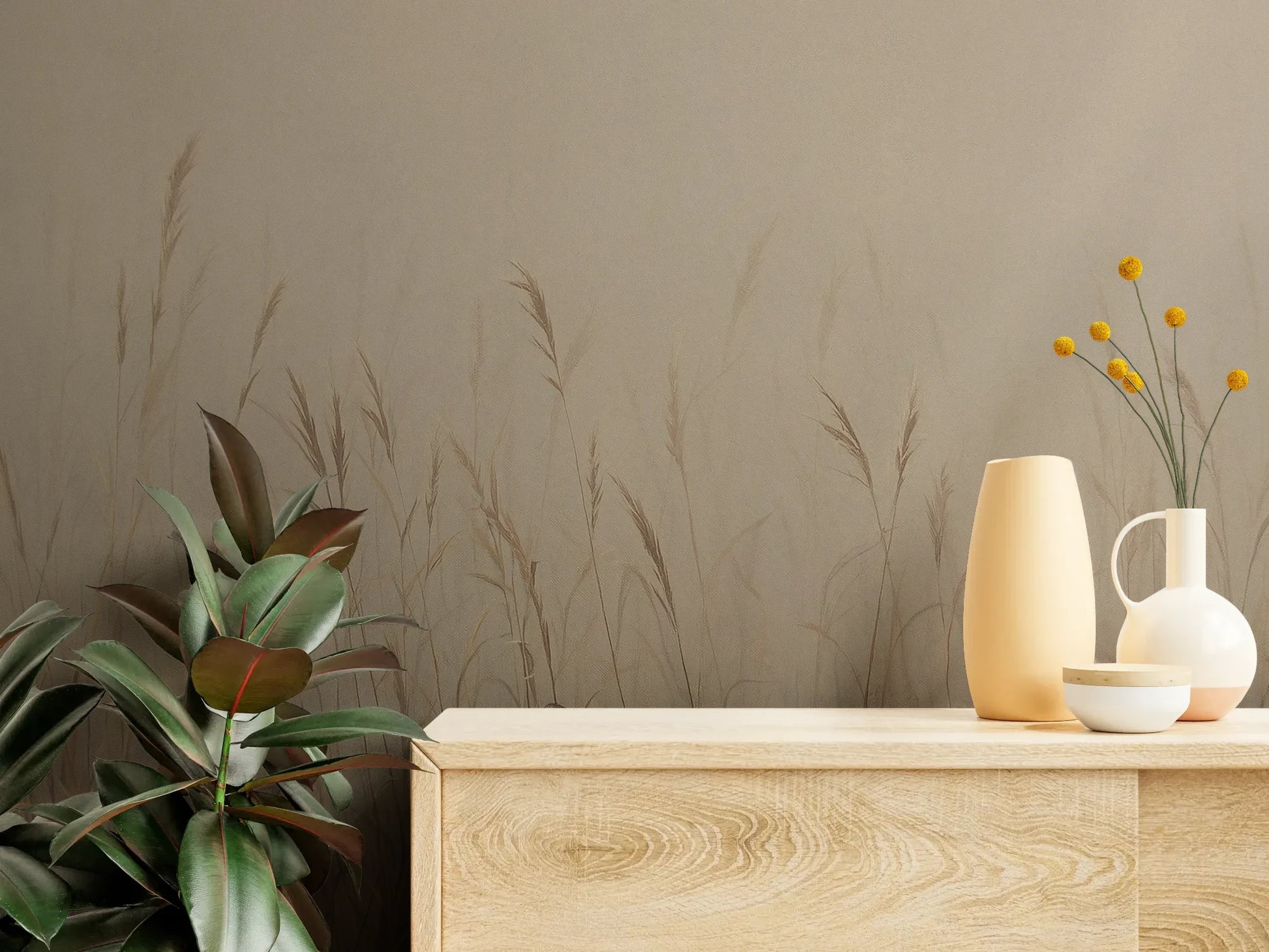 Fototapeta MISTY SILENCE - tapeta z mglistymi trawami o świcie pokazana w aranżacji wnętrza z akcentem na ścianie.