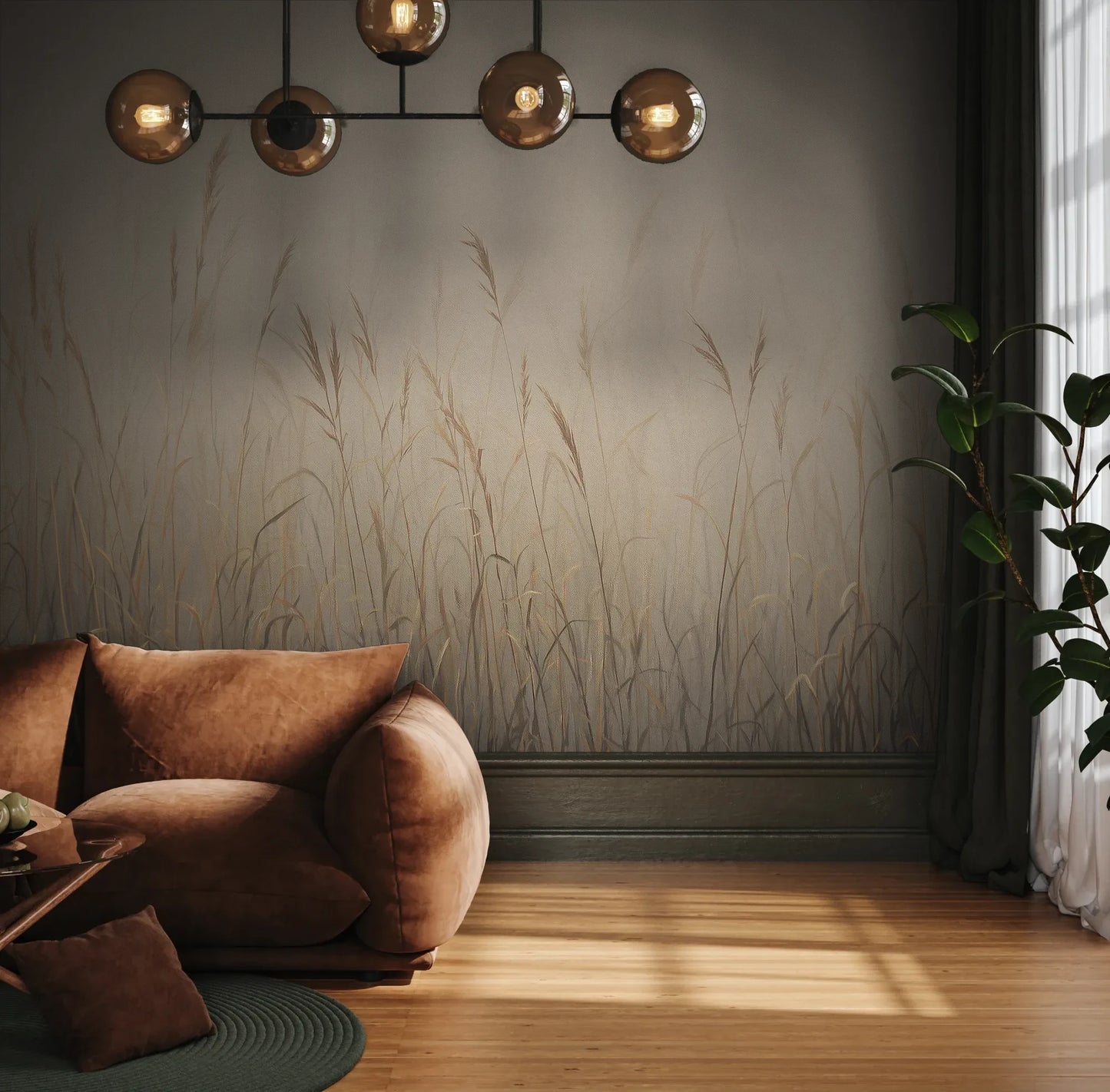 Fototapeta MISTY SILENCE - tapeta z mglistymi trawami o świcie pokazana w aranżacji wnętrza z akcentem na ścianie.