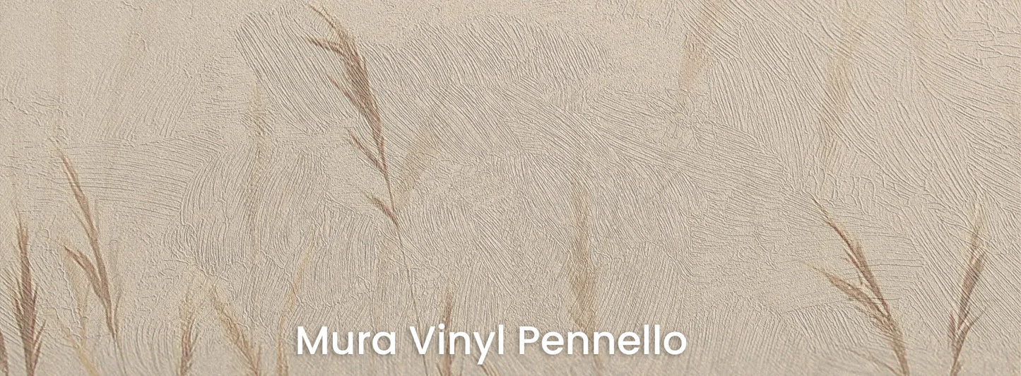 Zbliżenie na fototapetę MISTY SILENCE - tapeta z mglistymi trawami o świcie na podłożu o fakturze pociągnięć pędzla.