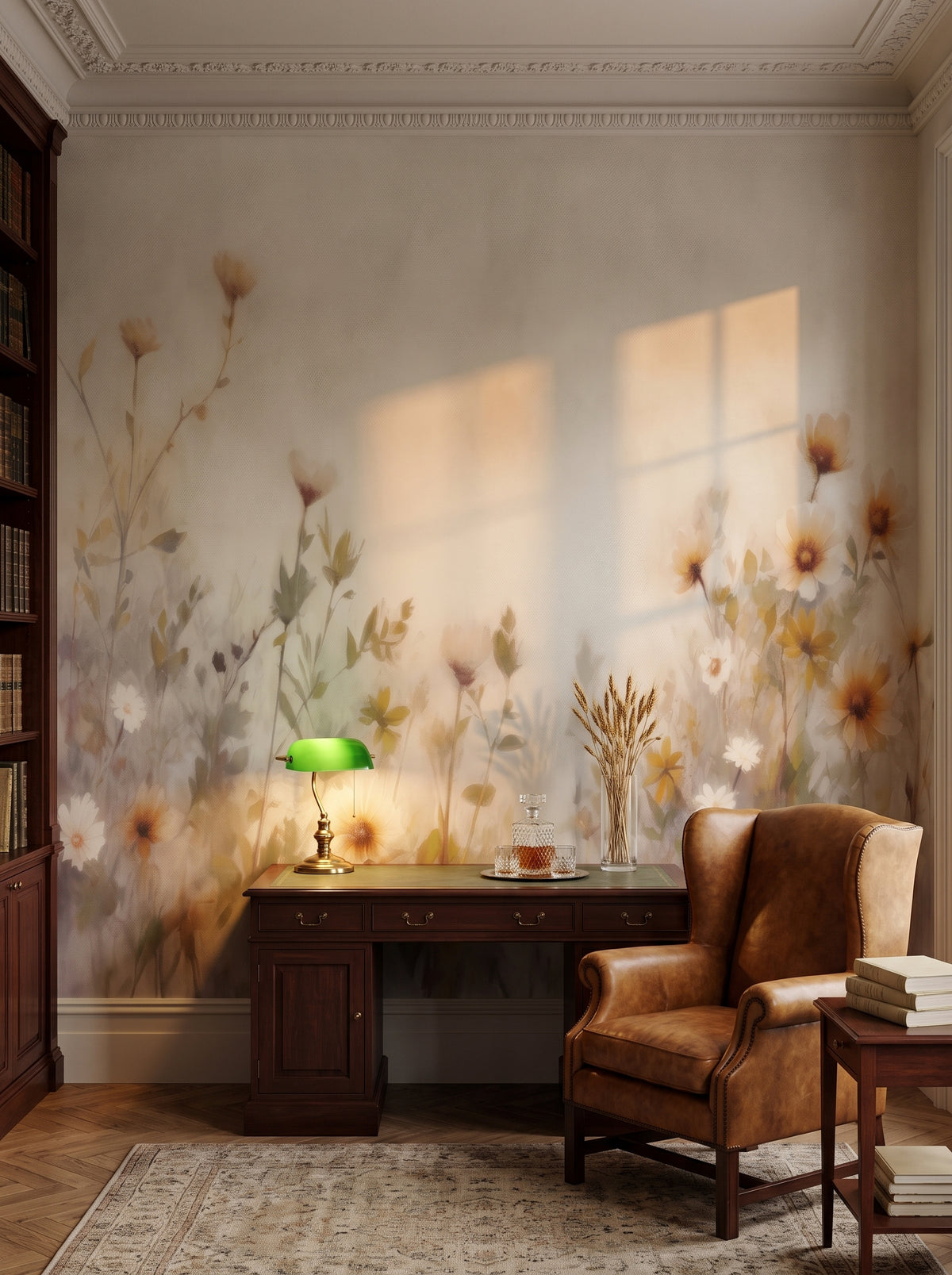 Fototapeta artystyczna o nazwie Soft Elegance w aranżacji wnętrza: prywatna biblioteka w stylu angielskiego klubu.