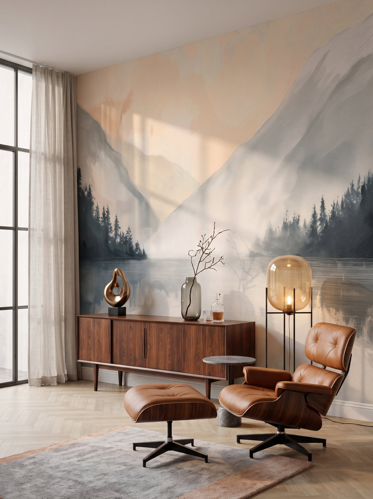Fototapeta artystyczna o nazwie Taniec Mgieł w aranżacji wnętrza: salon kolekcjonera w stylu mid-century modern.