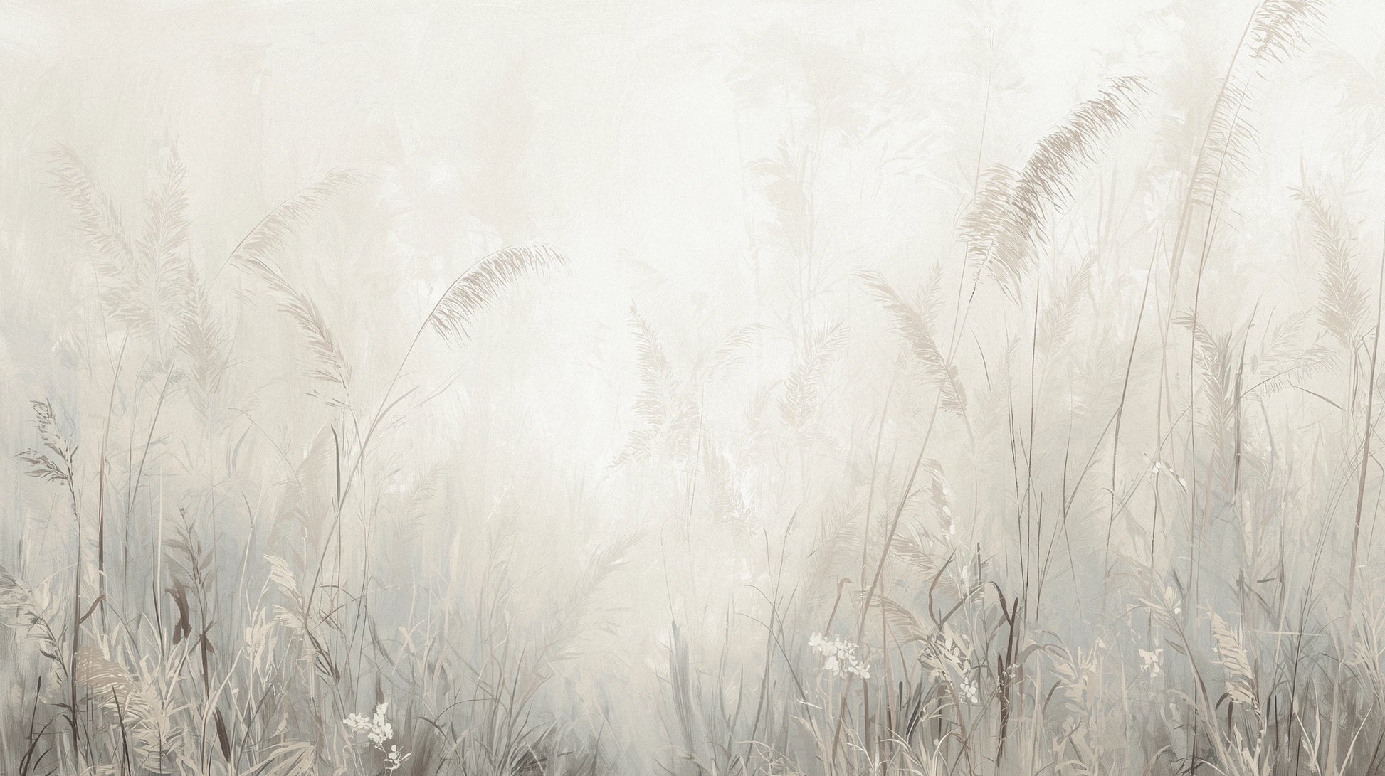 Prezentacja całego wzoru fototapety o nazwie MORNING MIST - tapeta z mglistymi trawami w szarościach