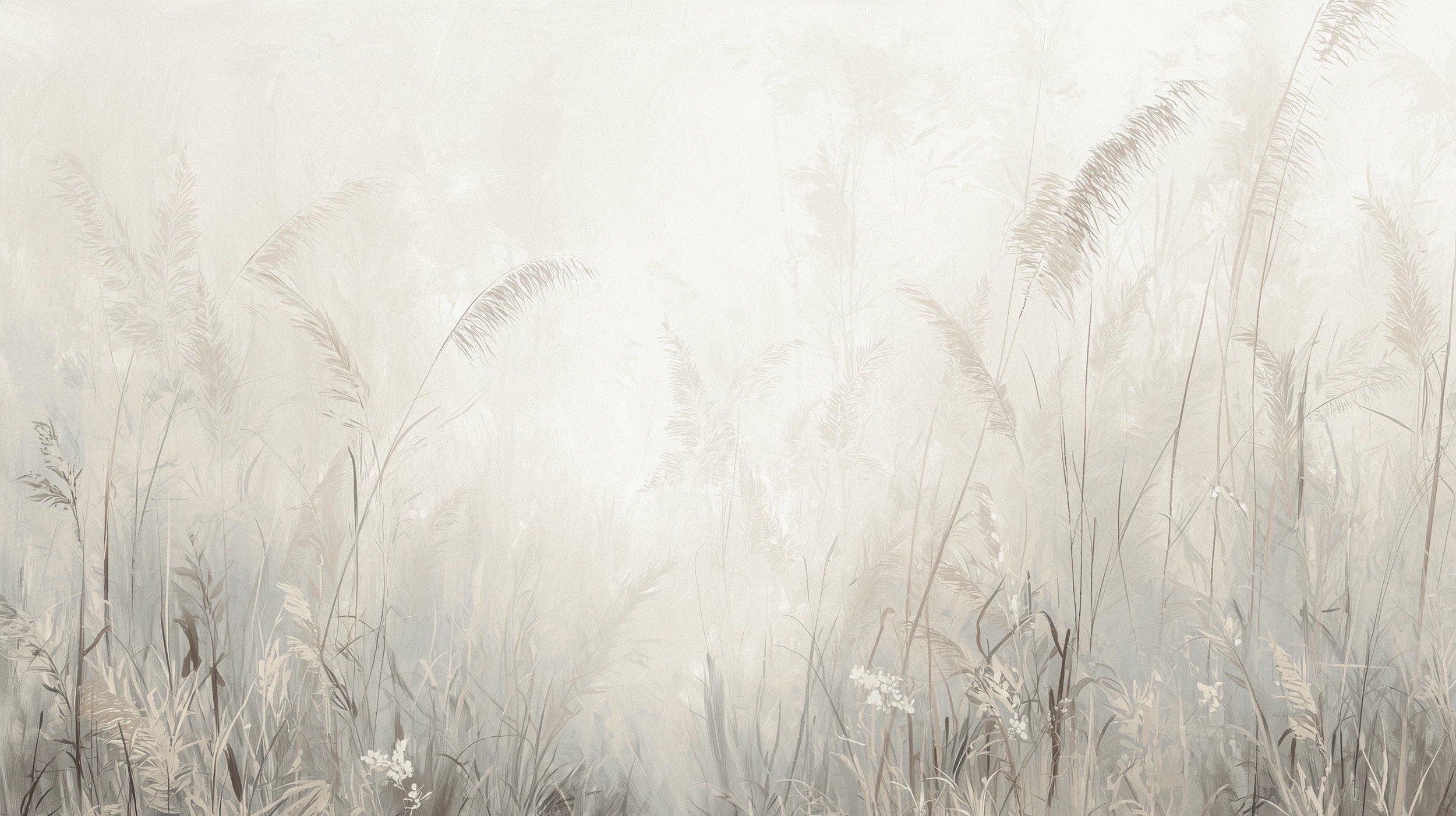 Mustervorschau: Prezentacja całego wzoru fototapety o nazwie MORNING MIST - tapeta z mglistymi trawami w szarościach