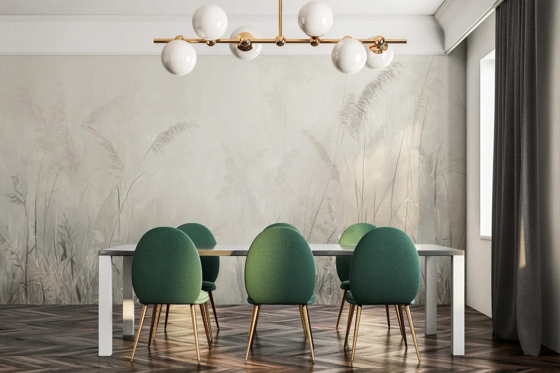 Fototapeta MORNING MIST - tapeta z mglistymi trawami w szarościach pokazana w aranżacji jadalni.