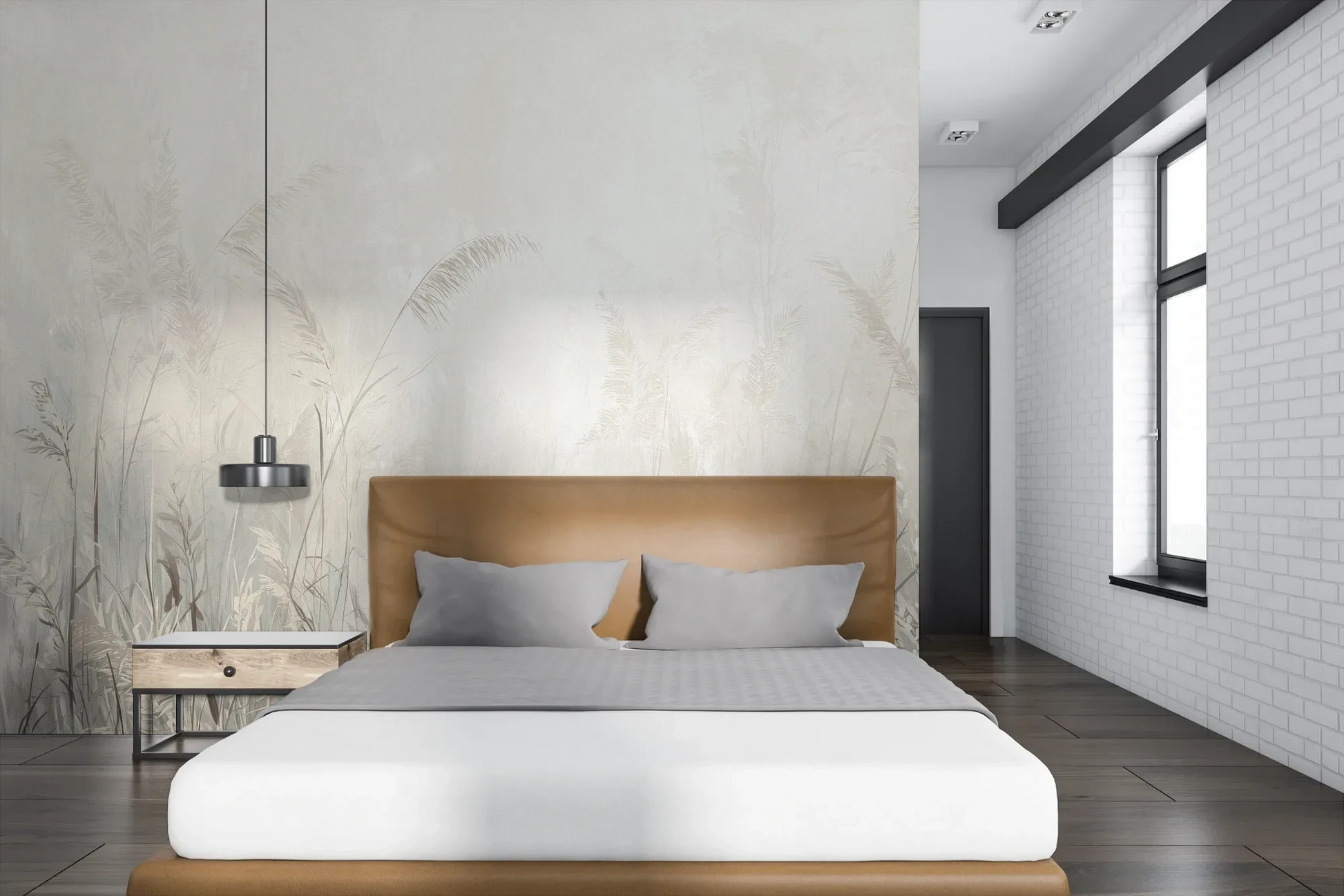 Wzór fototapety MORNING MIST - tapeta z mglistymi trawami w szarościach pokazanej w aranżacji sypialni.