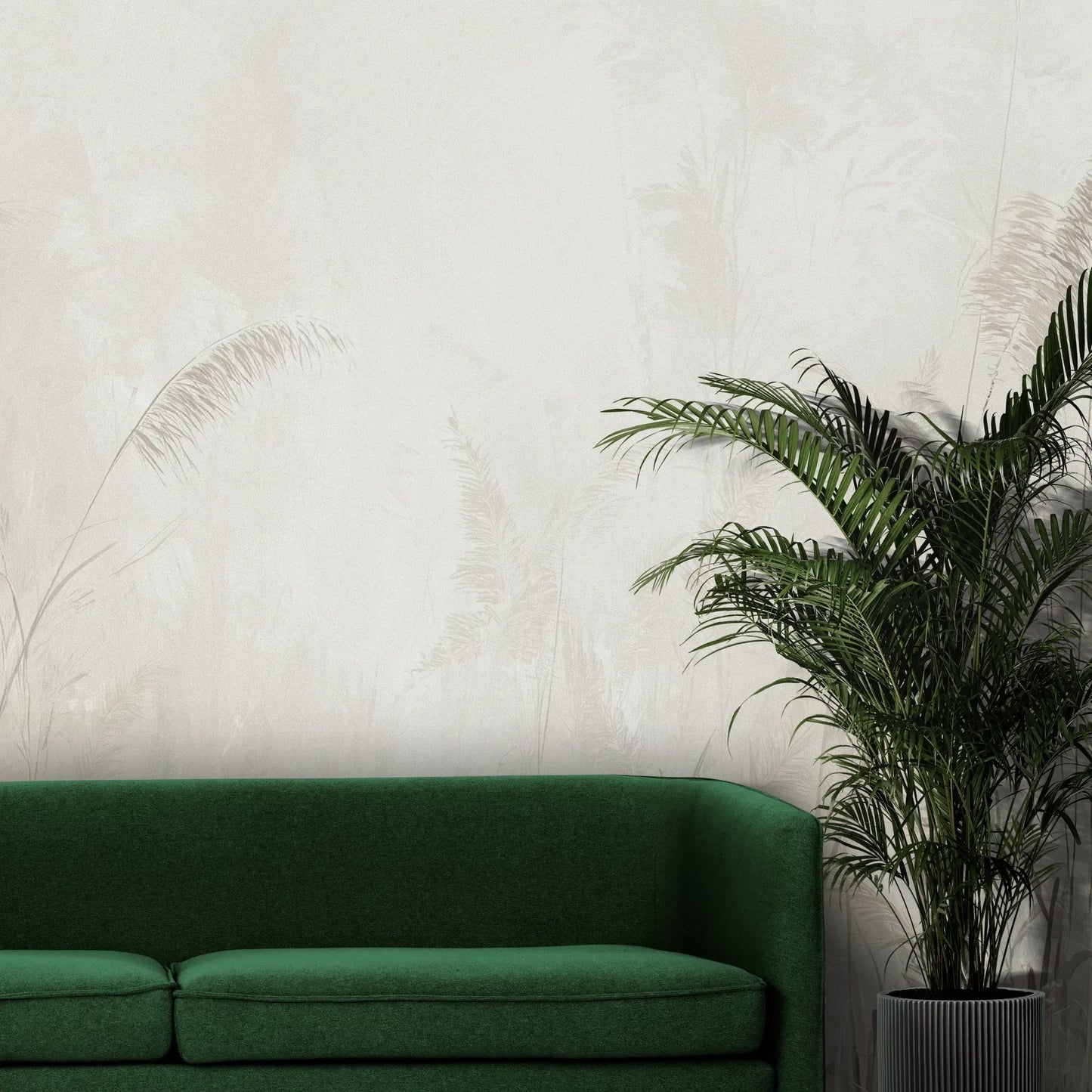 Fototapeta MORNING MIST - tapeta z mglistymi trawami w szarościach pokazana w aranżacji wnętrza z akcentem na ścianie.