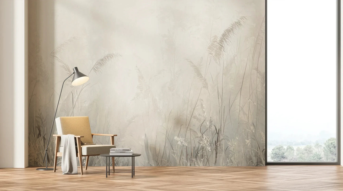 Wzór fototapety MORNING MIST - tapeta z mglistymi trawami w szarościach pokazanej w aranżacji salonu.