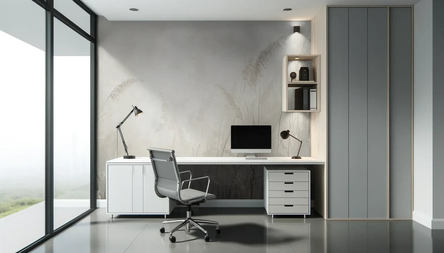Fototapeta MORNING MIST - tapeta z mglistymi trawami w szarościach pokazana w aranżacji biura.
