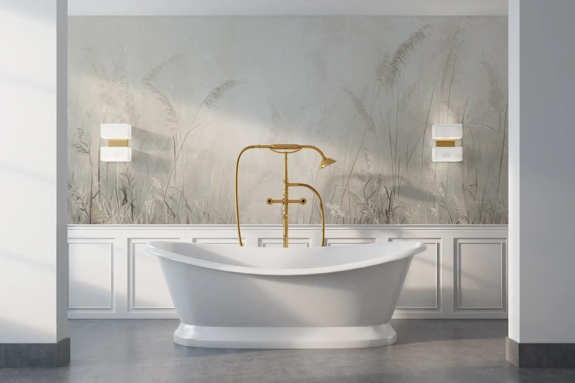 Wzór fototapety MORNING MIST - tapeta z mglistymi trawami w szarościach pokazanej w aranżacji łazienki.