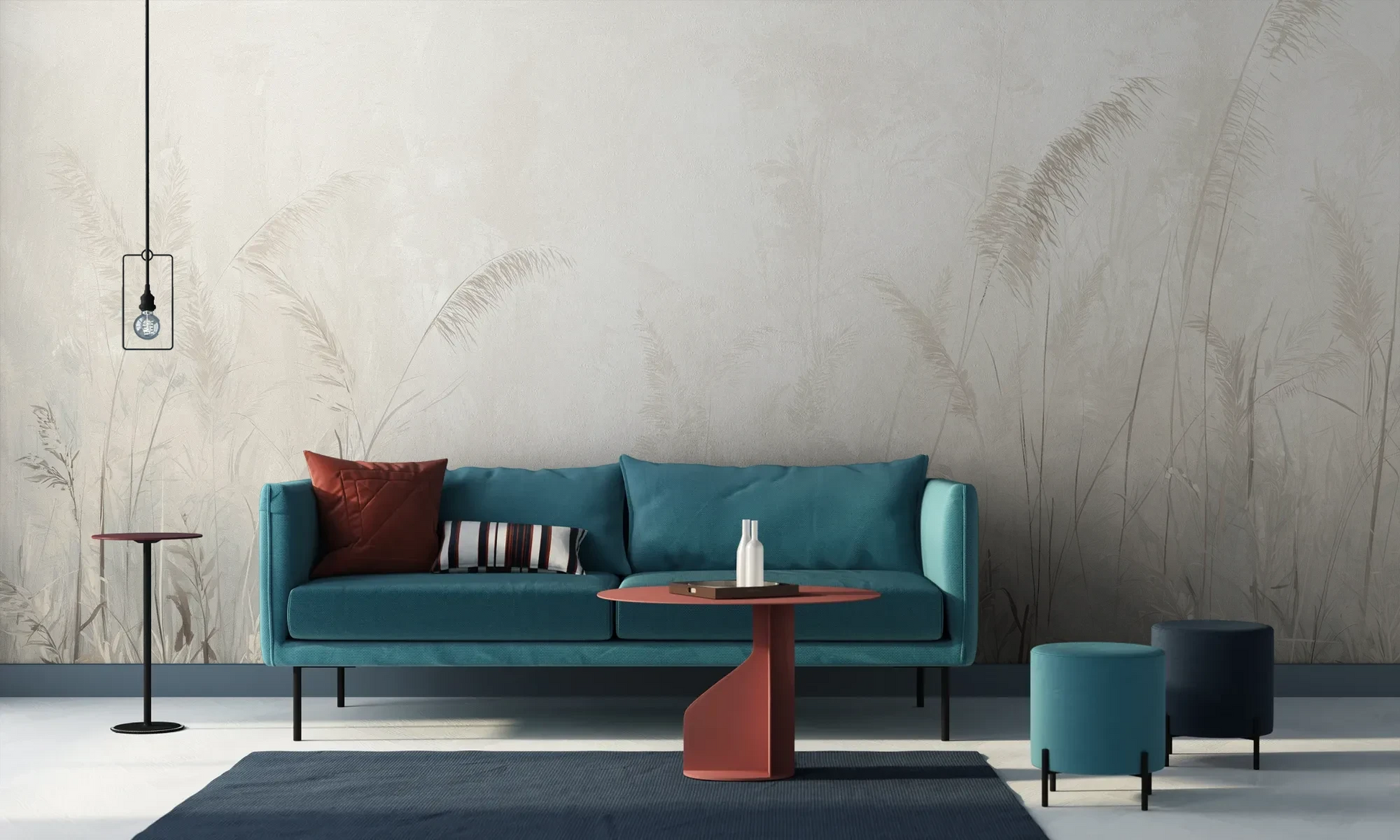 Wzór fototapety MORNING MIST - tapeta z mglistymi trawami w szarościach pokazanej w aranżacji salonu.