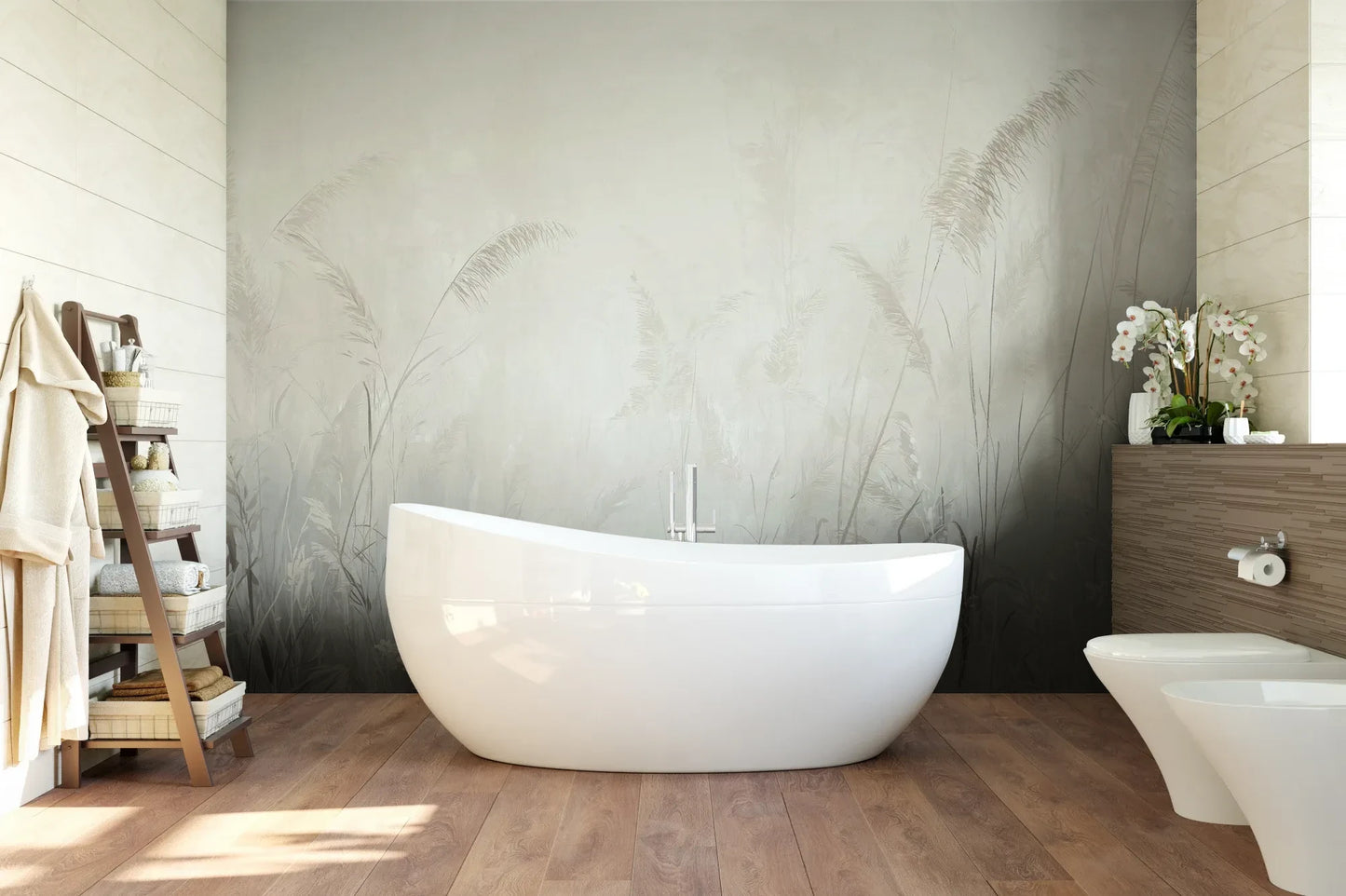 Wzór fototapety MORNING MIST - tapeta z mglistymi trawami w szarościach pokazanej w aranżacji łazienki.