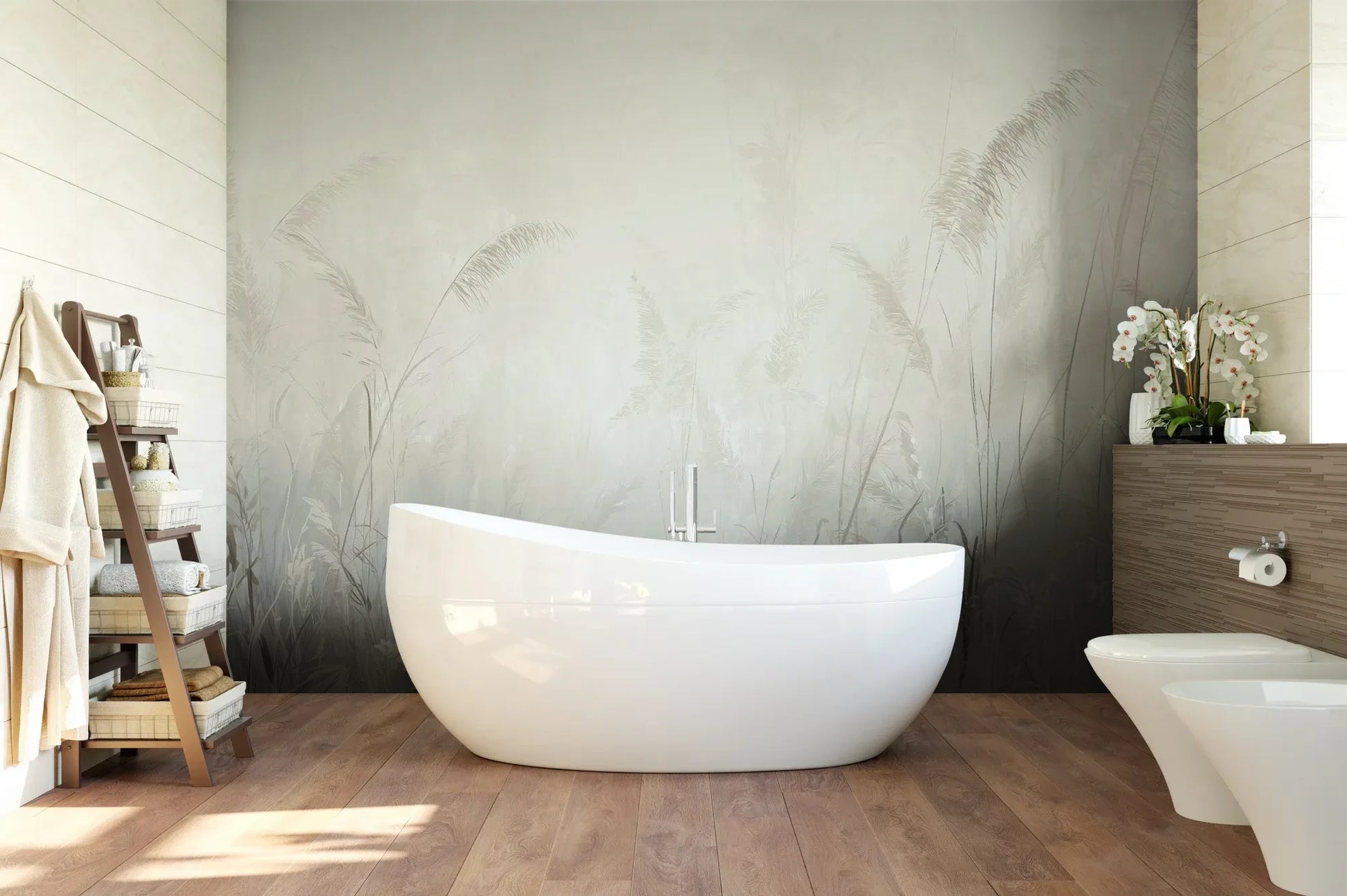 Wzór fototapety MORNING MIST - tapeta z mglistymi trawami w szarościach pokazanej w aranżacji łazienki.