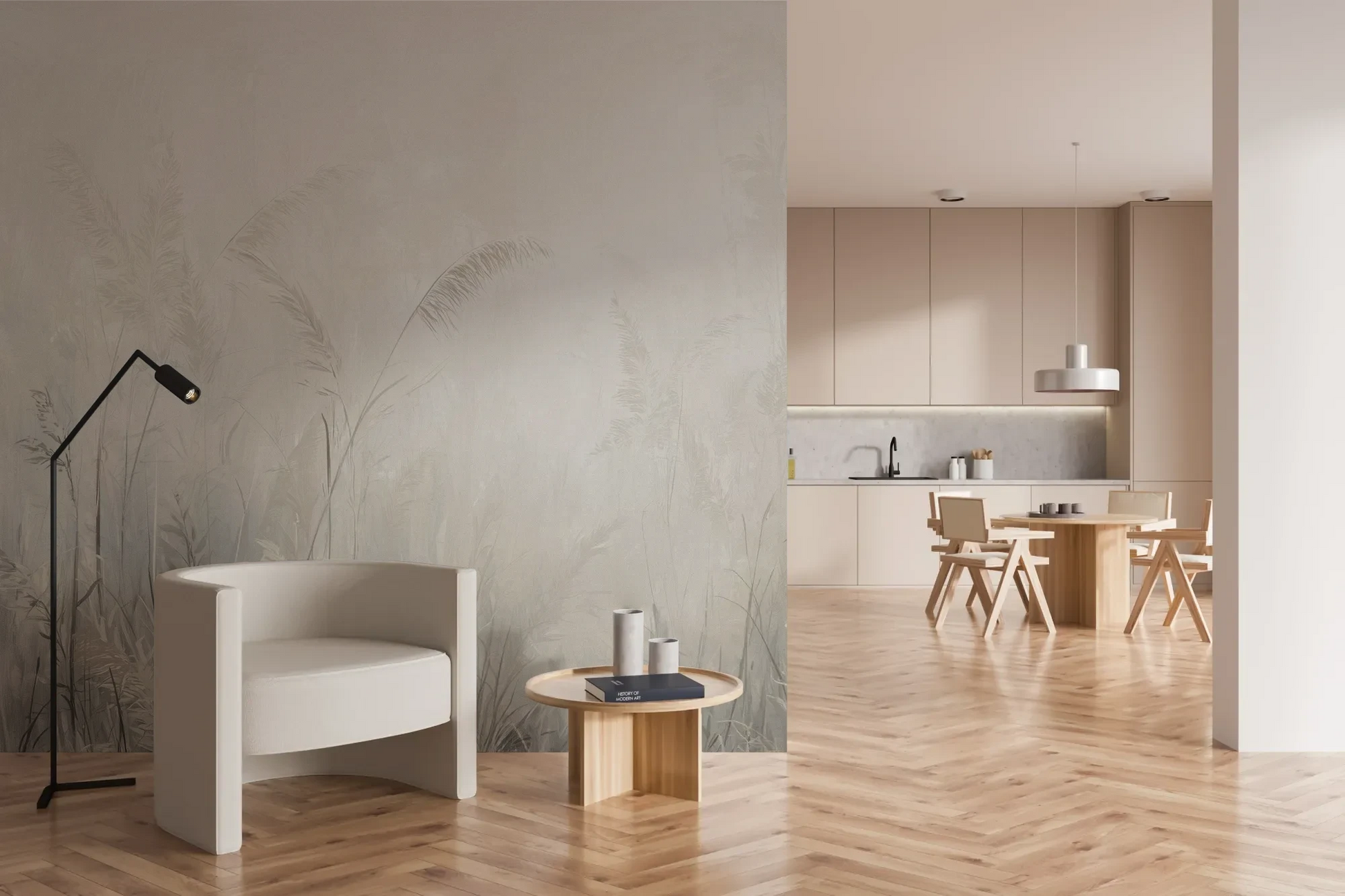 Wzór fototapety MORNING MIST - tapeta z mglistymi trawami w szarościach pokazanej w aranżacji kuchni.