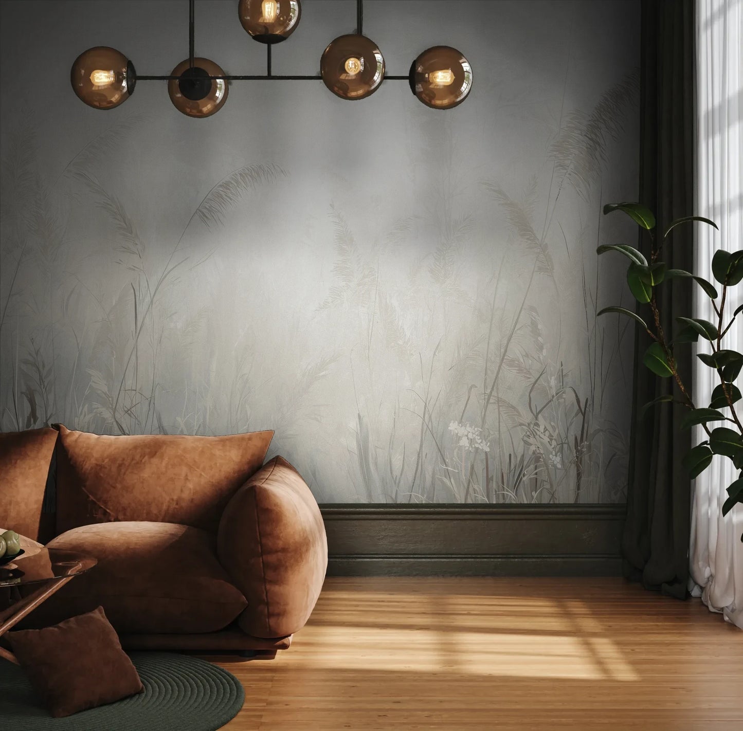 Fototapeta MORNING MIST - tapeta z mglistymi trawami w szarościach pokazana w aranżacji wnętrza z akcentem na ścianie.