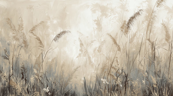 VENT MURMURANT - Papier Peint Prairie Brumeuse avec des Graminées Délicates à l'Aube
