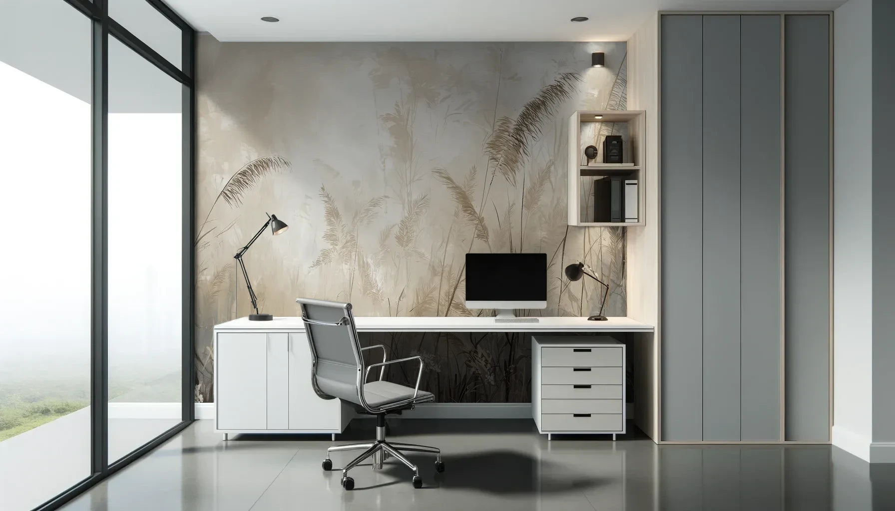 Fototapeta WHISPERING BREEZE - tapeta z mglistymi trawami o świcie pokazana w aranżacji biura.