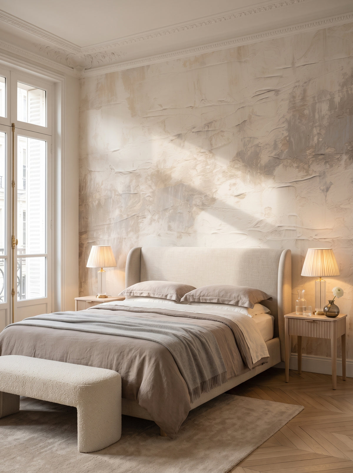 Künstlerische Fototapete „Tonal Tranquility“ im Interieur: Schlafzimmer in einem Pariser Apartment.