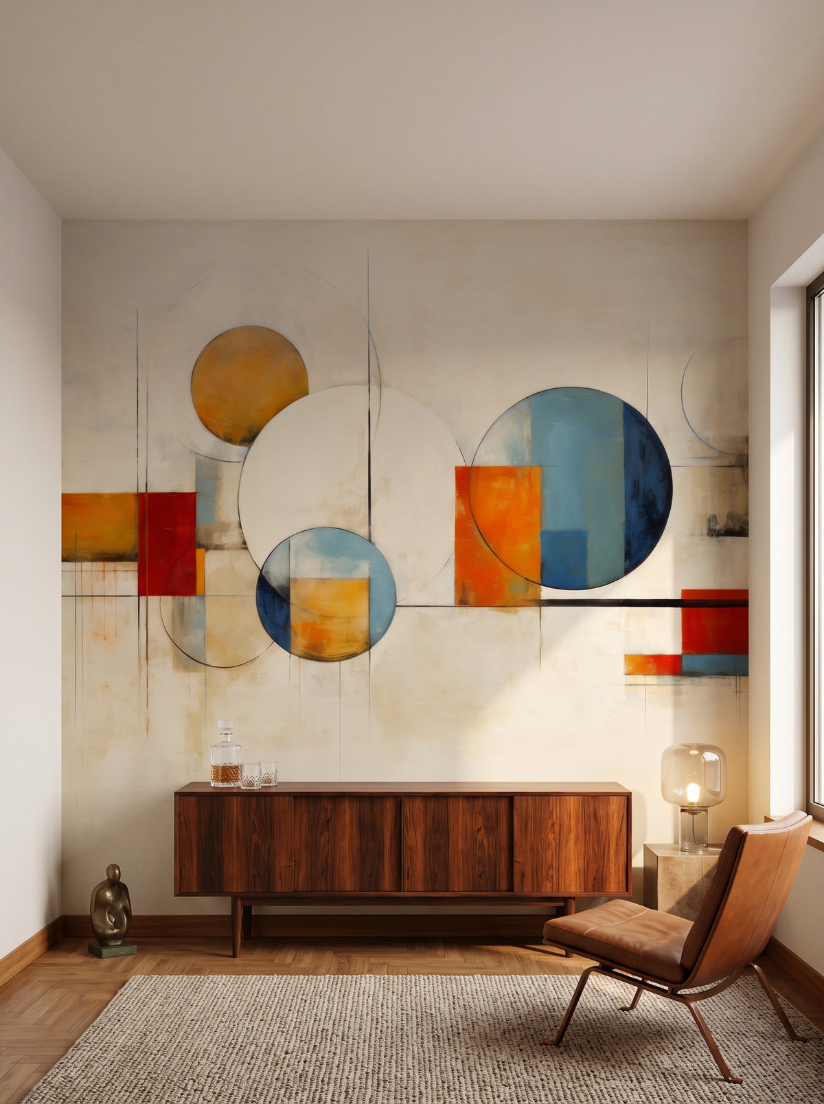 Fototapeta artystyczna o nazwie Circular Geometric Harmony w aranżacji wnętrza: salon kolekcjonera w stylu mid-century.