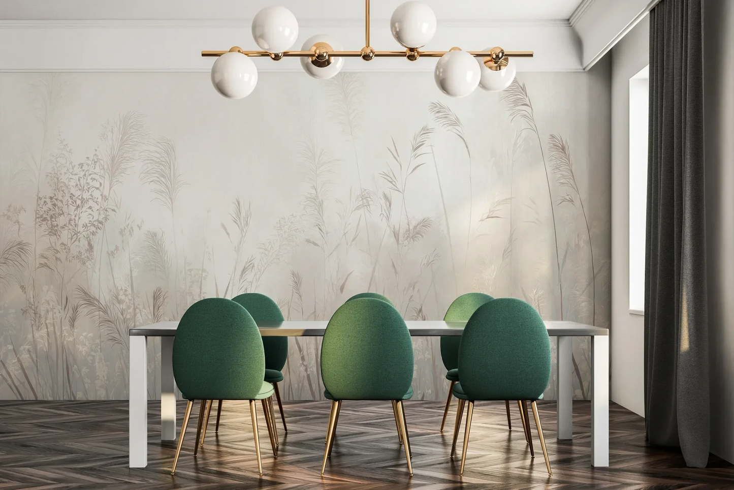 Fototapeta REED SYMPHONY - tapeta z mglistymi trawami w szarościach pokazana w aranżacji jadalni.