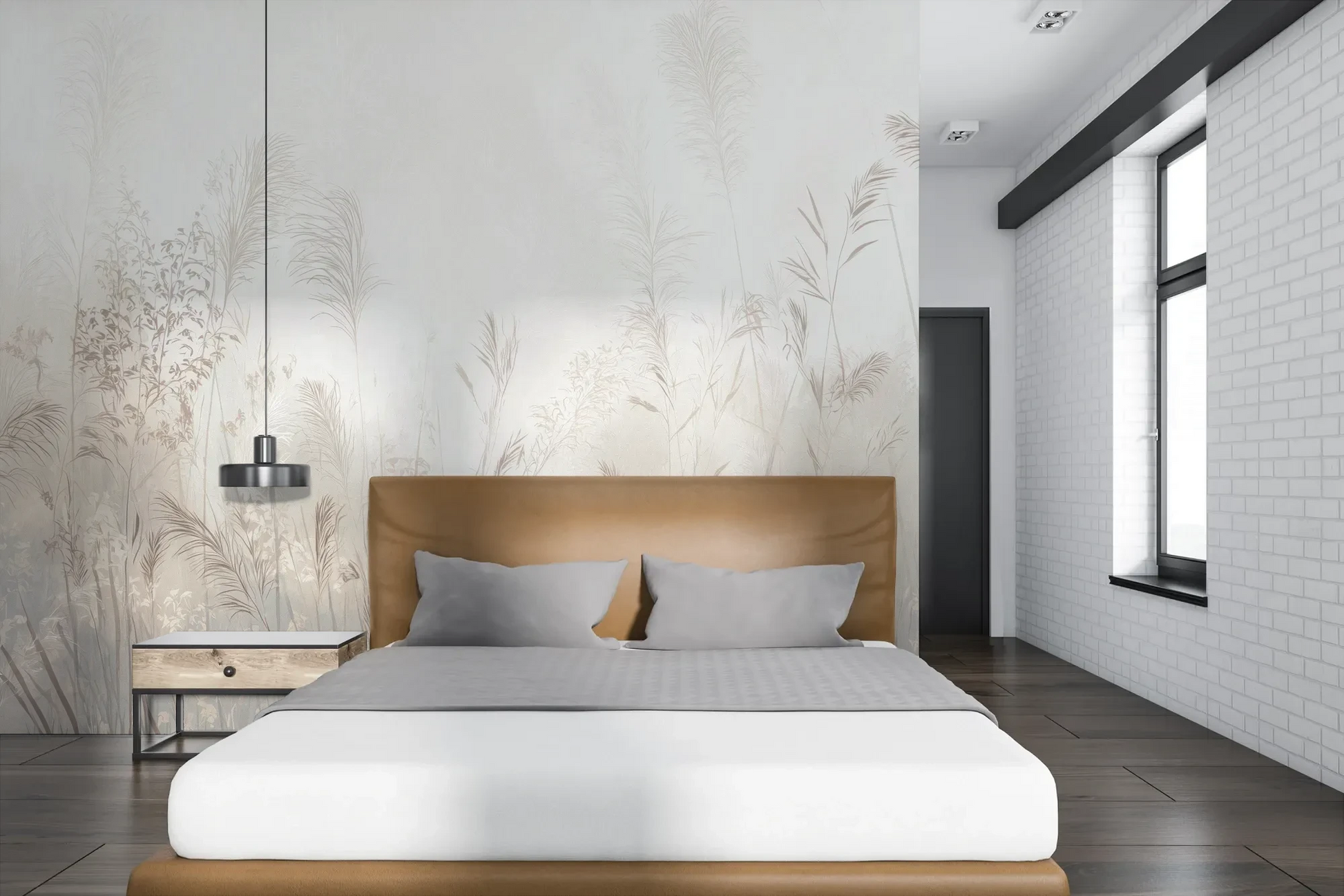 Wzór fototapety REED SYMPHONY - tapeta z mglistymi trawami w szarościach pokazanej w aranżacji sypialni.