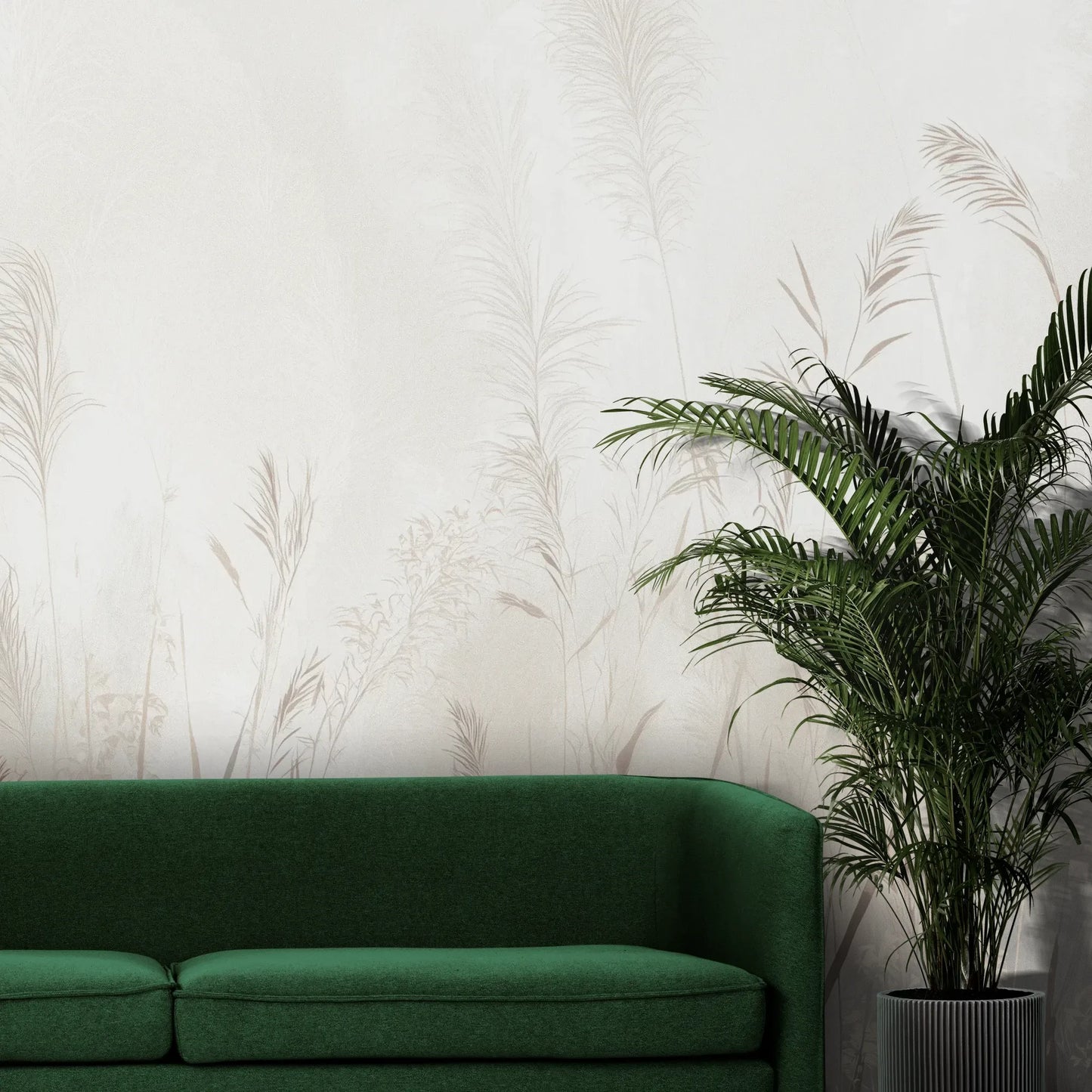 Fototapeta REED SYMPHONY - tapeta z mglistymi trawami w szarościach pokazana w aranżacji wnętrza z akcentem na ścianie.