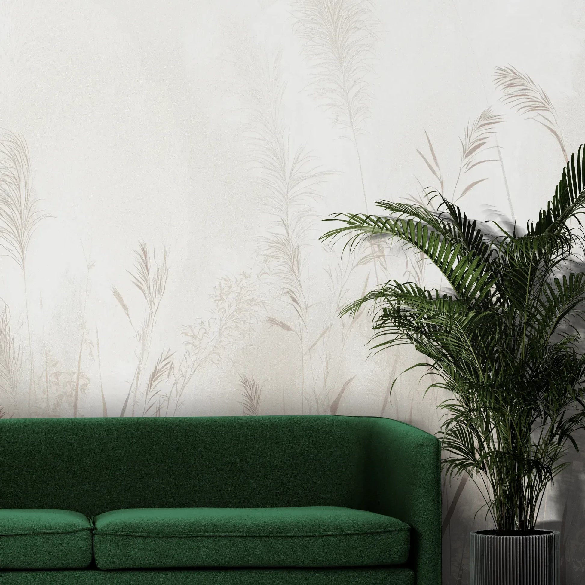 Fototapeta REED SYMPHONY - tapeta z mglistymi trawami w szarościach pokazana w aranżacji wnętrza z akcentem na ścianie.