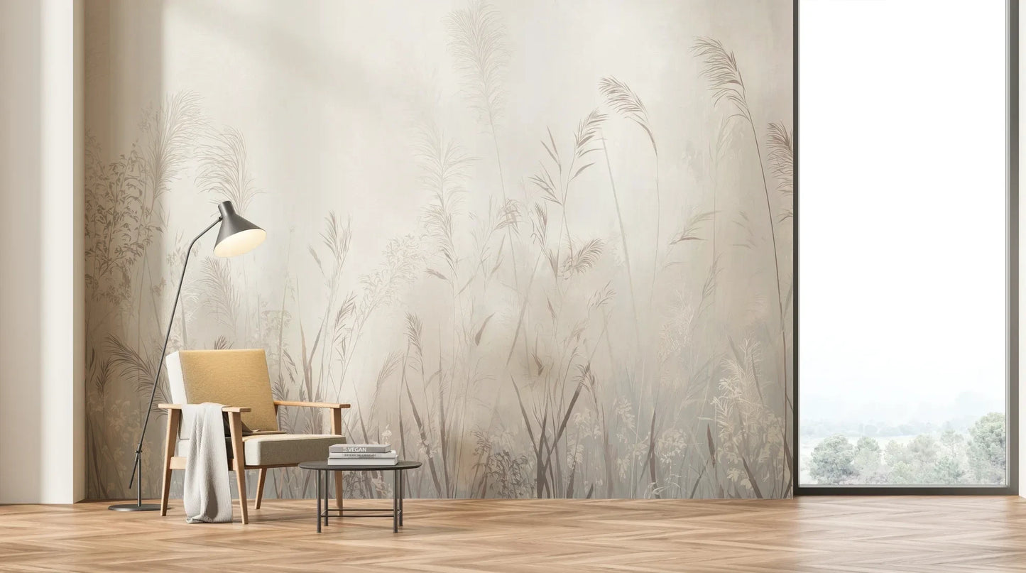 Wzór fototapety REED SYMPHONY - tapeta z mglistymi trawami w szarościach pokazanej w aranżacji salonu.