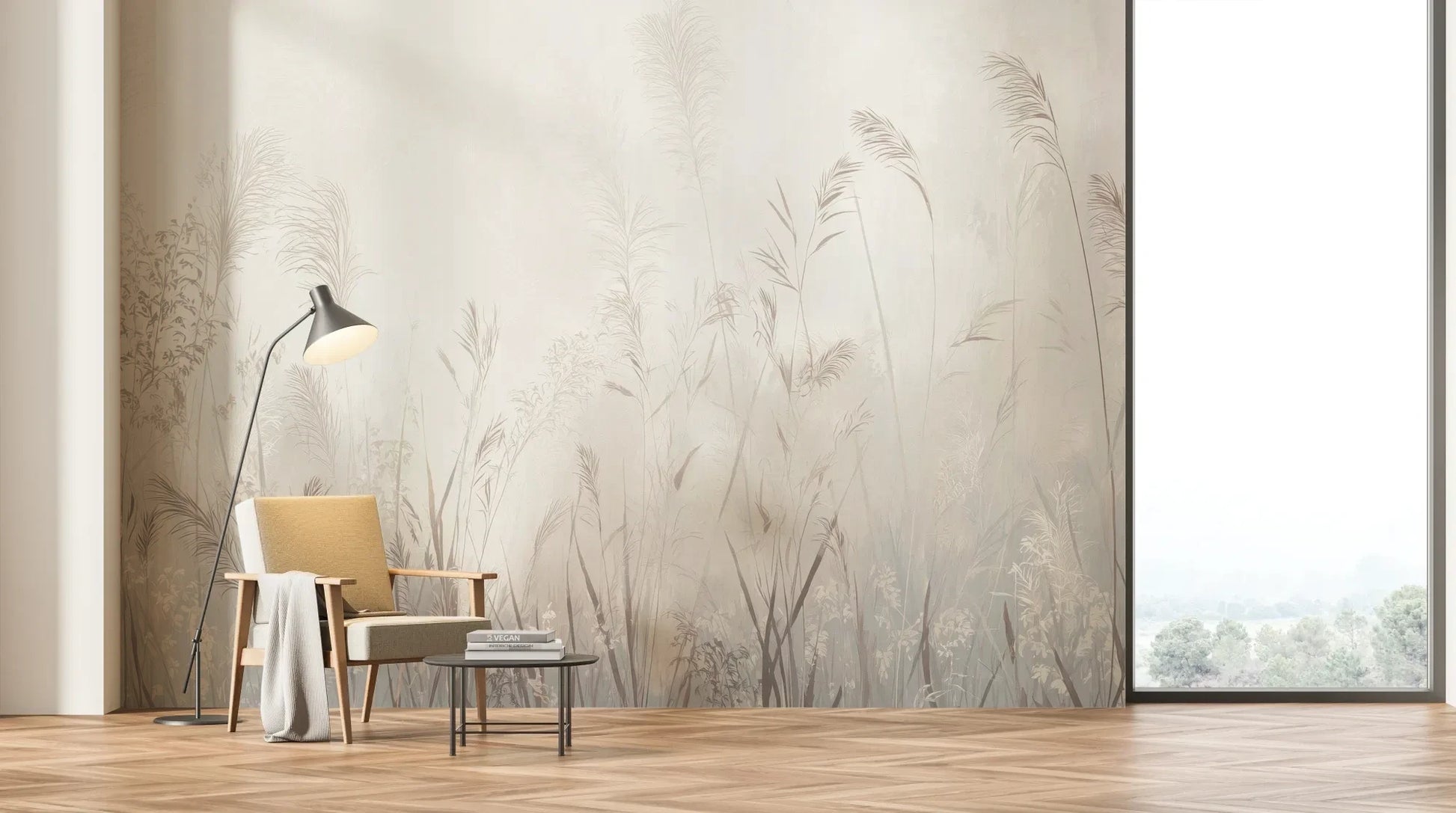 Wzór fototapety REED SYMPHONY - tapeta z mglistymi trawami w szarościach pokazanej w aranżacji salonu.