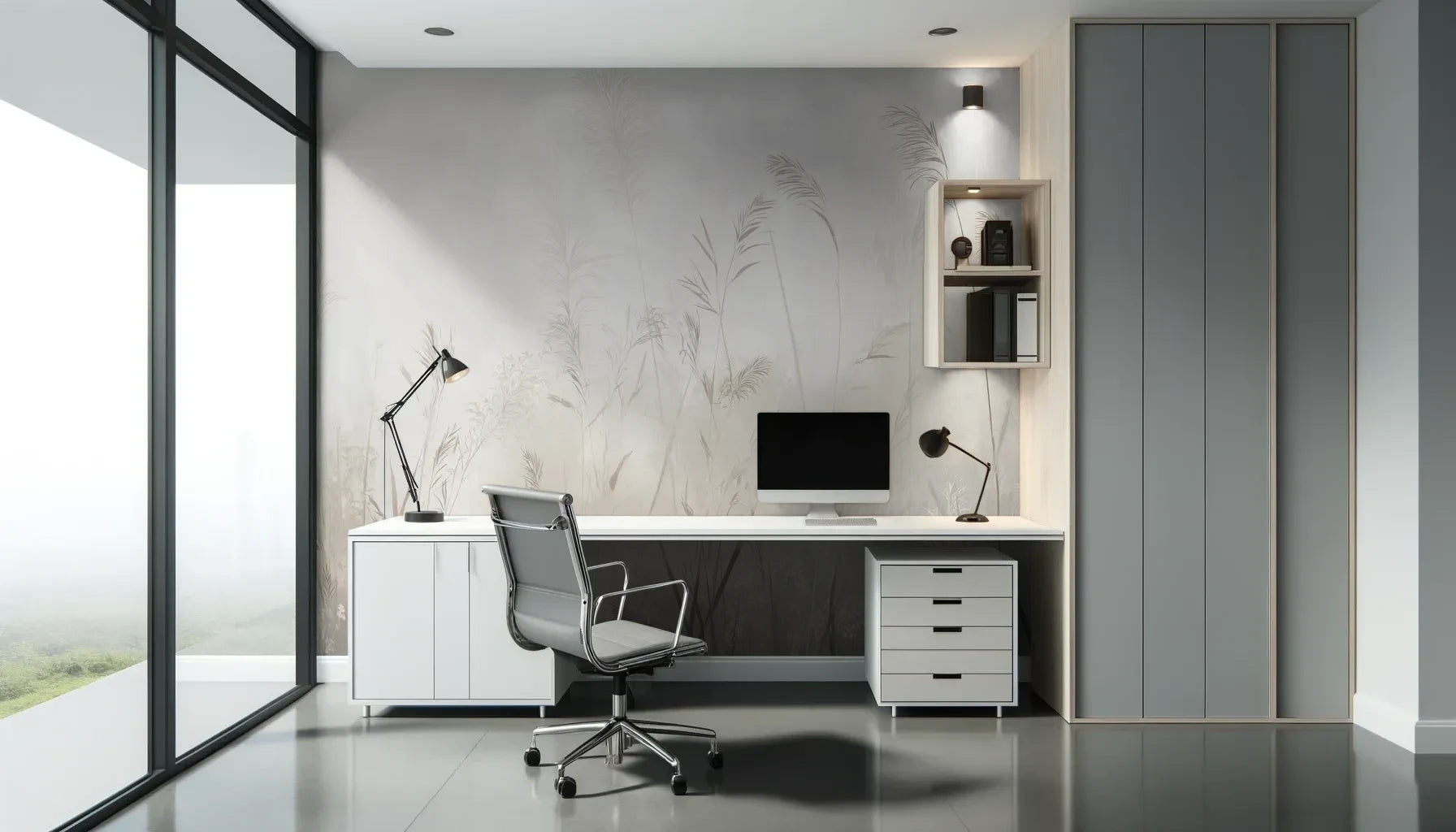 Fototapeta REED SYMPHONY - tapeta z mglistymi trawami w szarościach pokazana w aranżacji biura.
