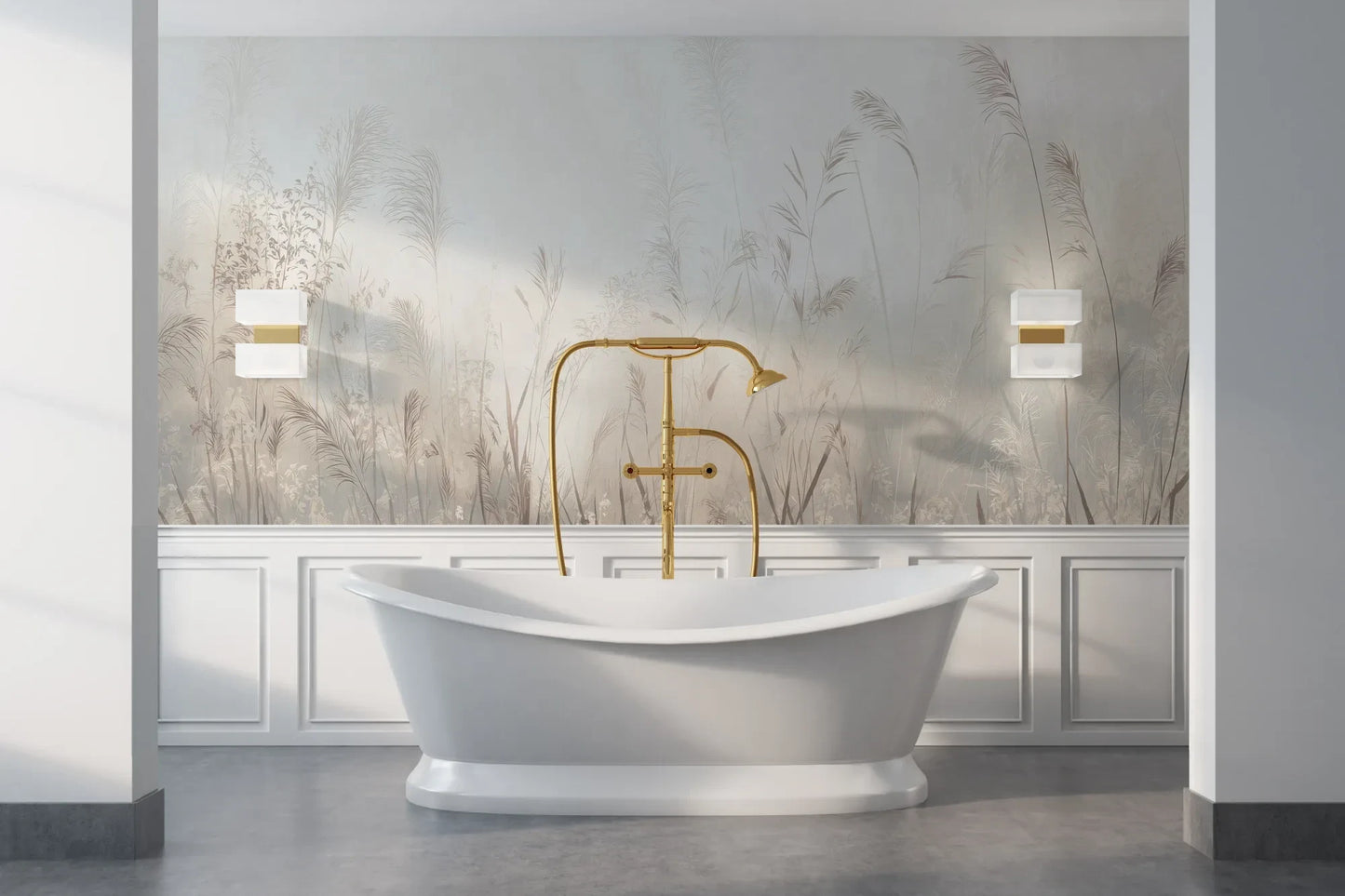 Wzór fototapety REED SYMPHONY - tapeta z mglistymi trawami w szarościach pokazanej w aranżacji łazienki.