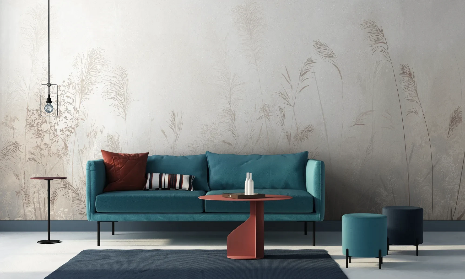 Wzór fototapety REED SYMPHONY - tapeta z mglistymi trawami w szarościach pokazanej w aranżacji salonu.