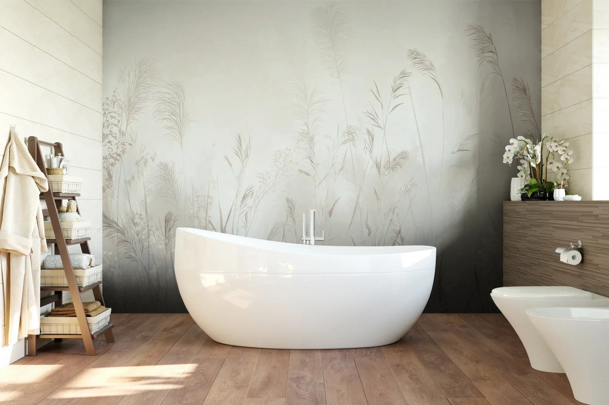 Wzór fototapety REED SYMPHONY - tapeta z mglistymi trawami w szarościach pokazanej w aranżacji łazienki.