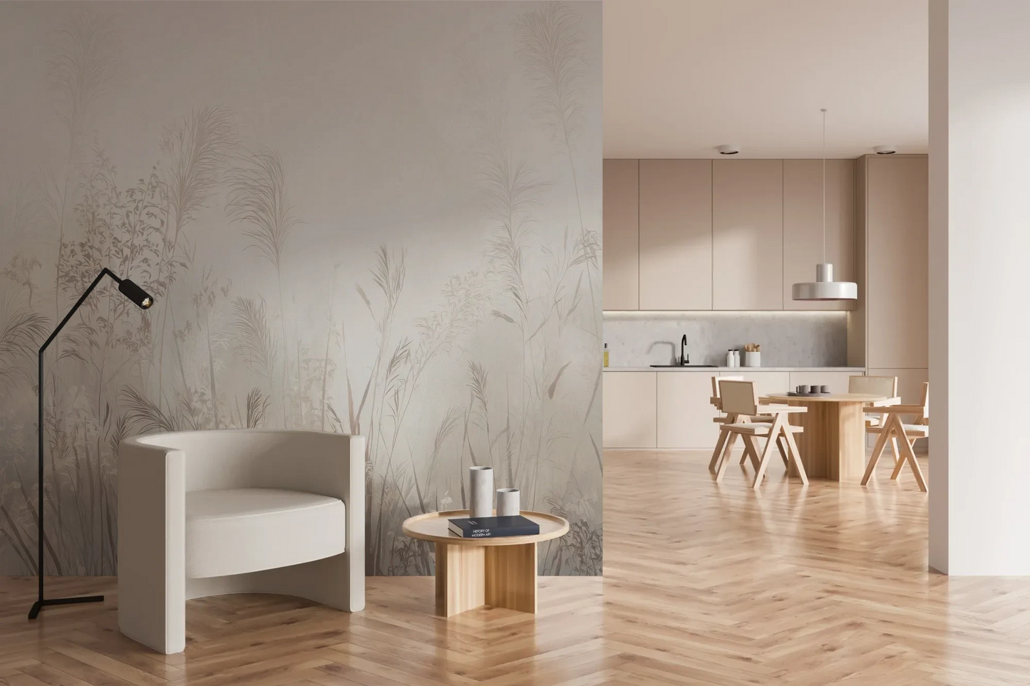 Wzór fototapety REED SYMPHONY - tapeta z mglistymi trawami w szarościach pokazanej w aranżacji kuchni.