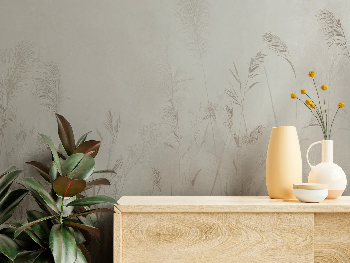 Fototapeta REED SYMPHONY - tapeta z mglistymi trawami w szarościach pokazana w aranżacji wnętrza z akcentem na ścianie.