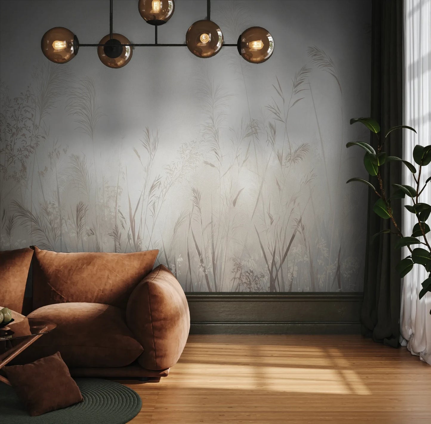 Fototapeta REED SYMPHONY - tapeta z mglistymi trawami w szarościach pokazana w aranżacji wnętrza z akcentem na ścianie.