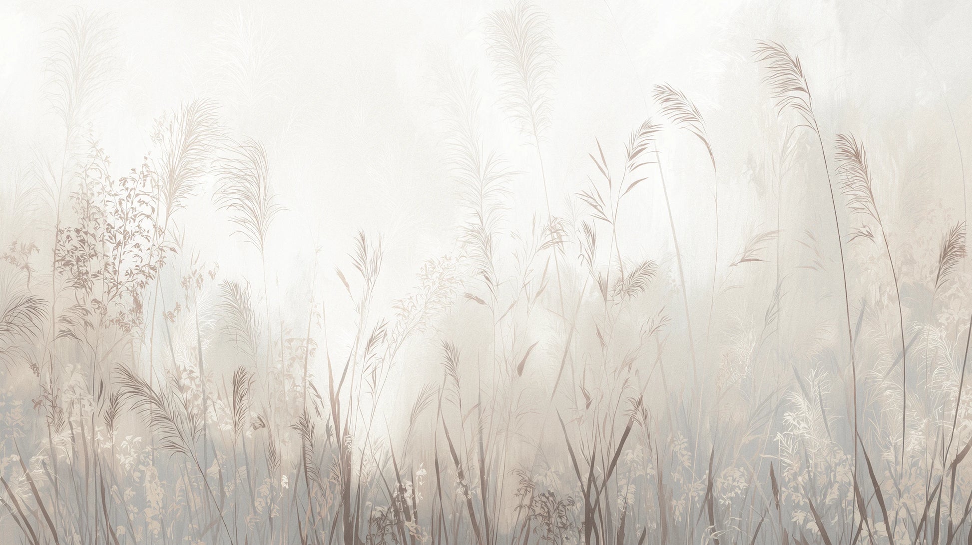 Prezentacja całego wzoru fototapety o nazwie REED SYMPHONY - tapeta z mglistymi trawami w szarościach