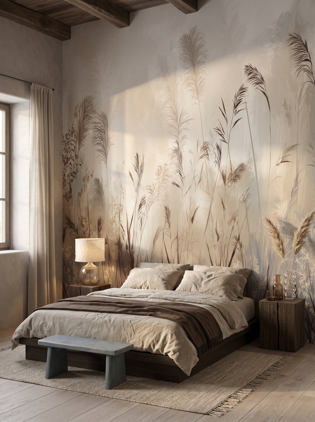 Fototapeta artystyczna o nazwie TRANQUIL ECHOES w aranżacji wnętrza: sypialnia wabi-sabi w górskim domu.