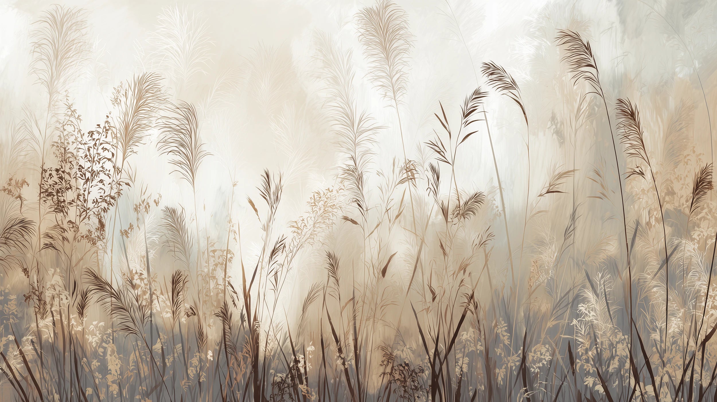 Pattern preview: Prezentacja całego wzoru fototapety o nazwie TRANQUIL ECHOES - tapeta z mglistymi trawami w sepii