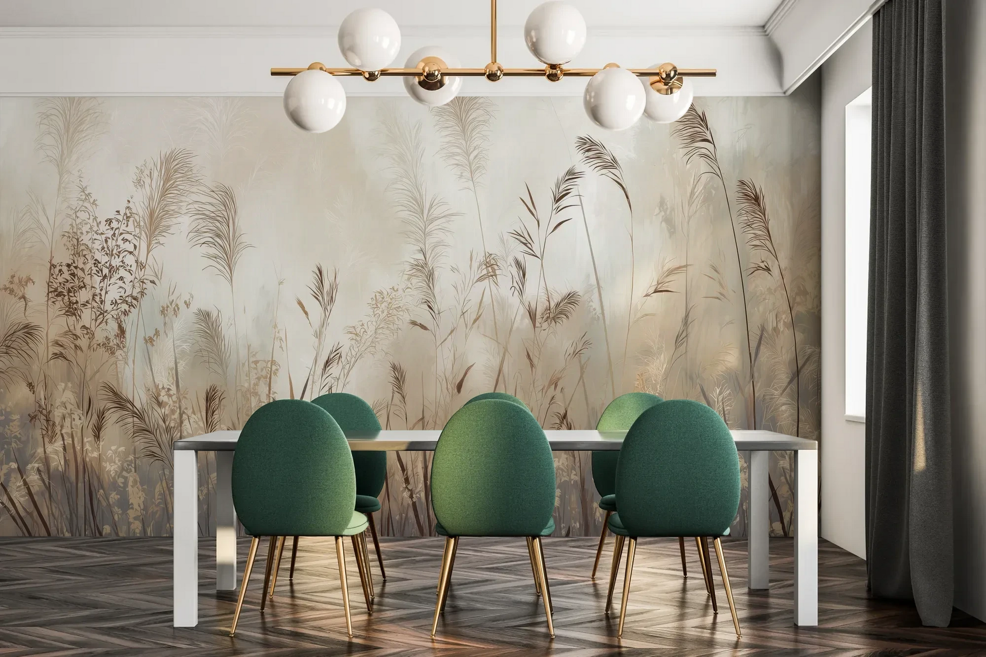 Fototapeta TRANQUIL ECHOES - tapeta z mglistymi trawami w sepii pokazana w aranżacji jadalni.