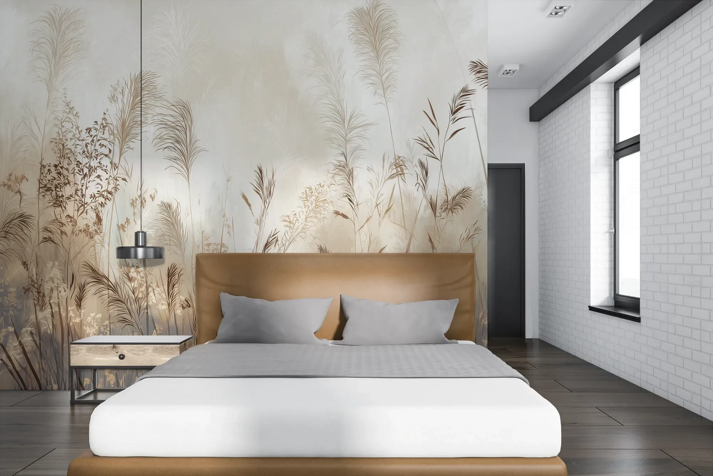 Wzór fototapety TRANQUIL ECHOES - tapeta z mglistymi trawami w sepii pokazanej w aranżacji sypialni.