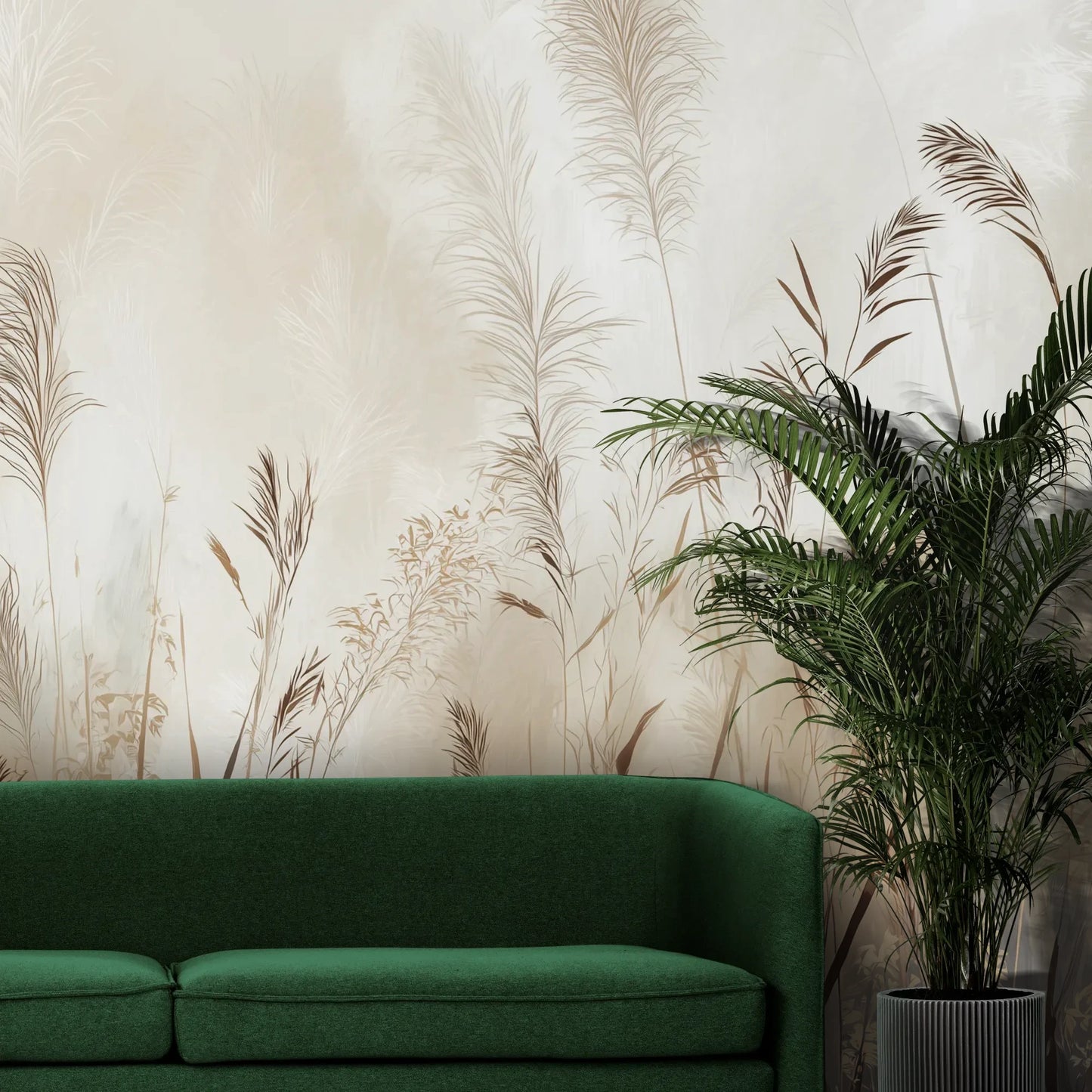 Fototapeta TRANQUIL ECHOES - tapeta z mglistymi trawami w sepii pokazana w aranżacji wnętrza z akcentem na ścianie.