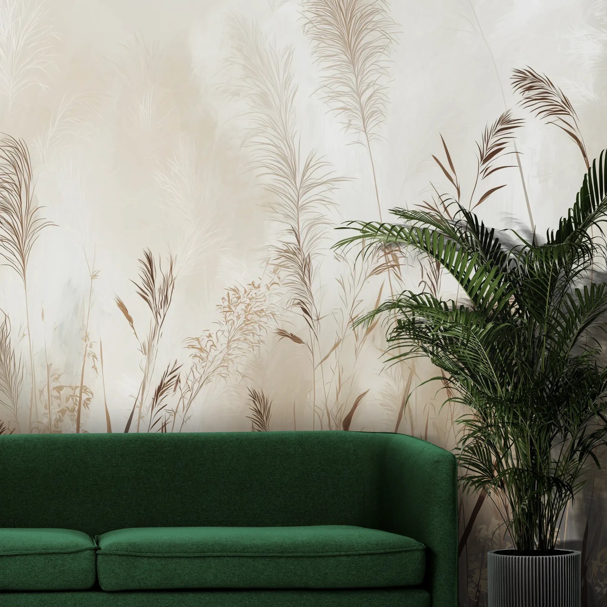 Fototapeta TRANQUIL ECHOES - tapeta z mglistymi trawami w sepii pokazana w aranżacji wnętrza z akcentem na ścianie.