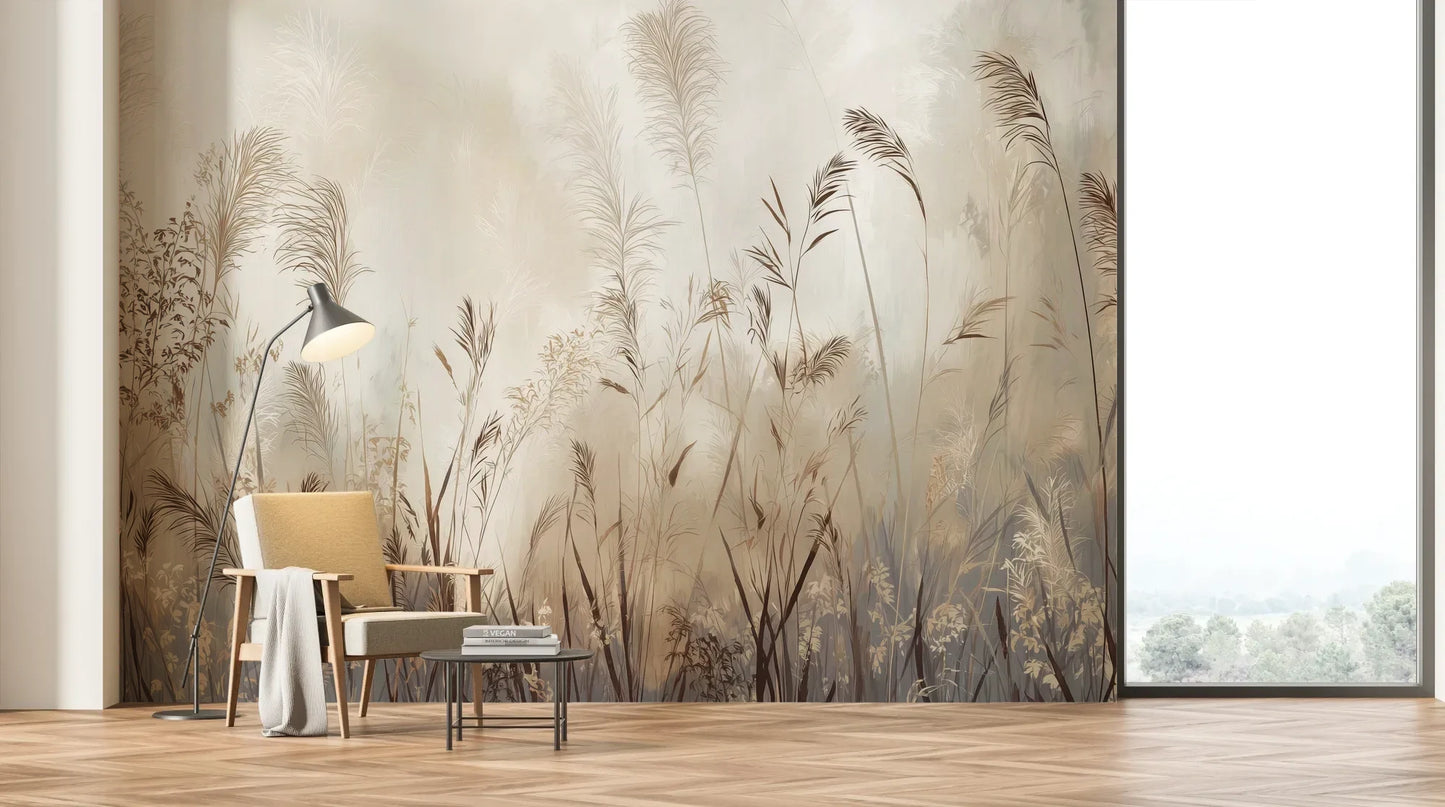 Wzór fototapety TRANQUIL ECHOES - tapeta z mglistymi trawami w sepii pokazanej w aranżacji salonu.