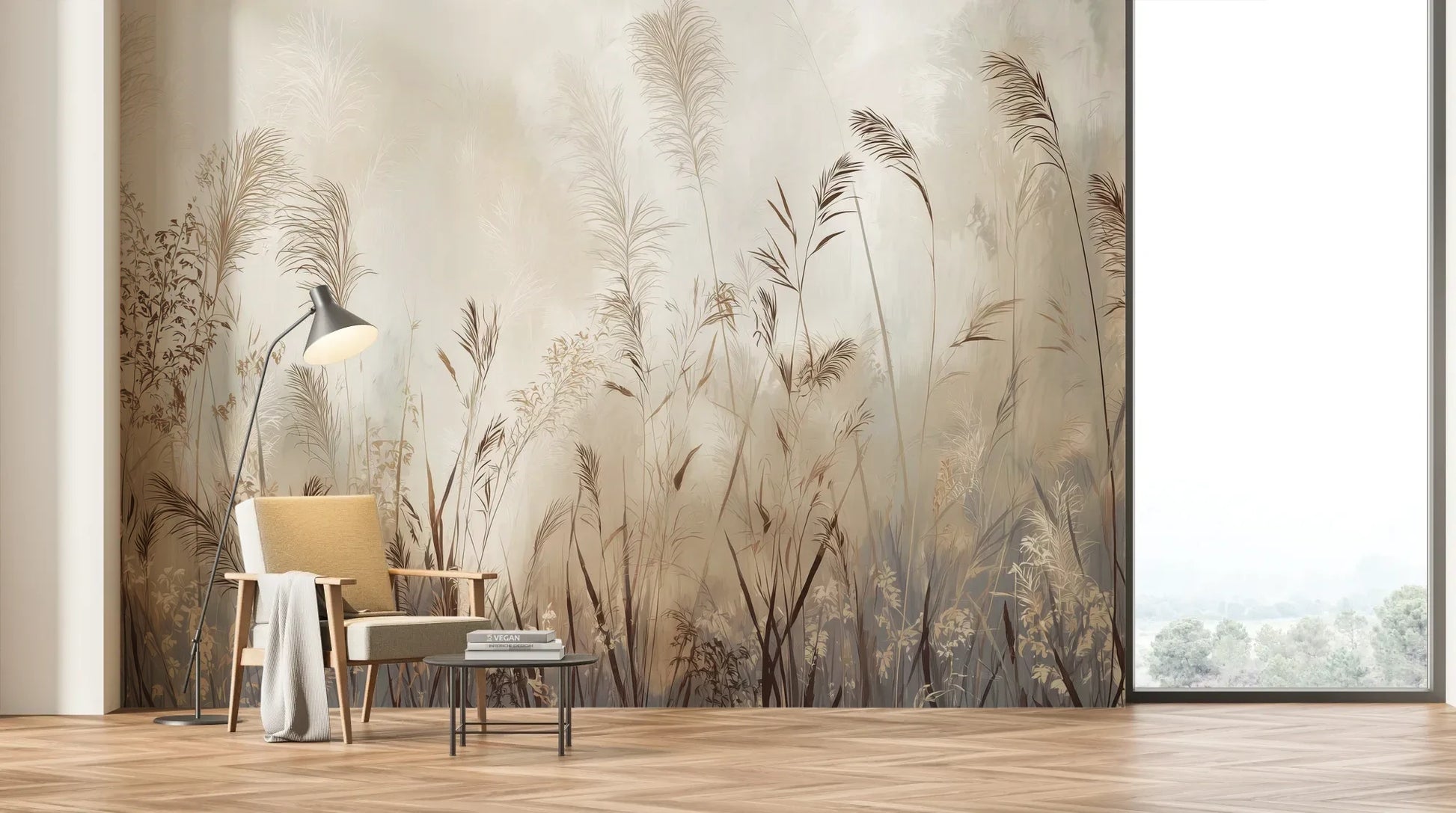 Wzór fototapety TRANQUIL ECHOES - tapeta z mglistymi trawami w sepii pokazanej w aranżacji salonu.