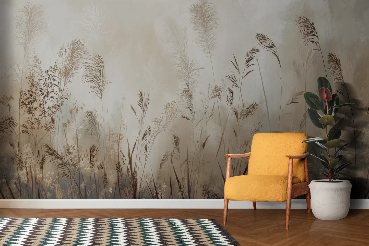 Wzór fototapety TRANQUIL ECHOES - tapeta z mglistymi trawami w sepii pokazanej w aranżacji salonu.