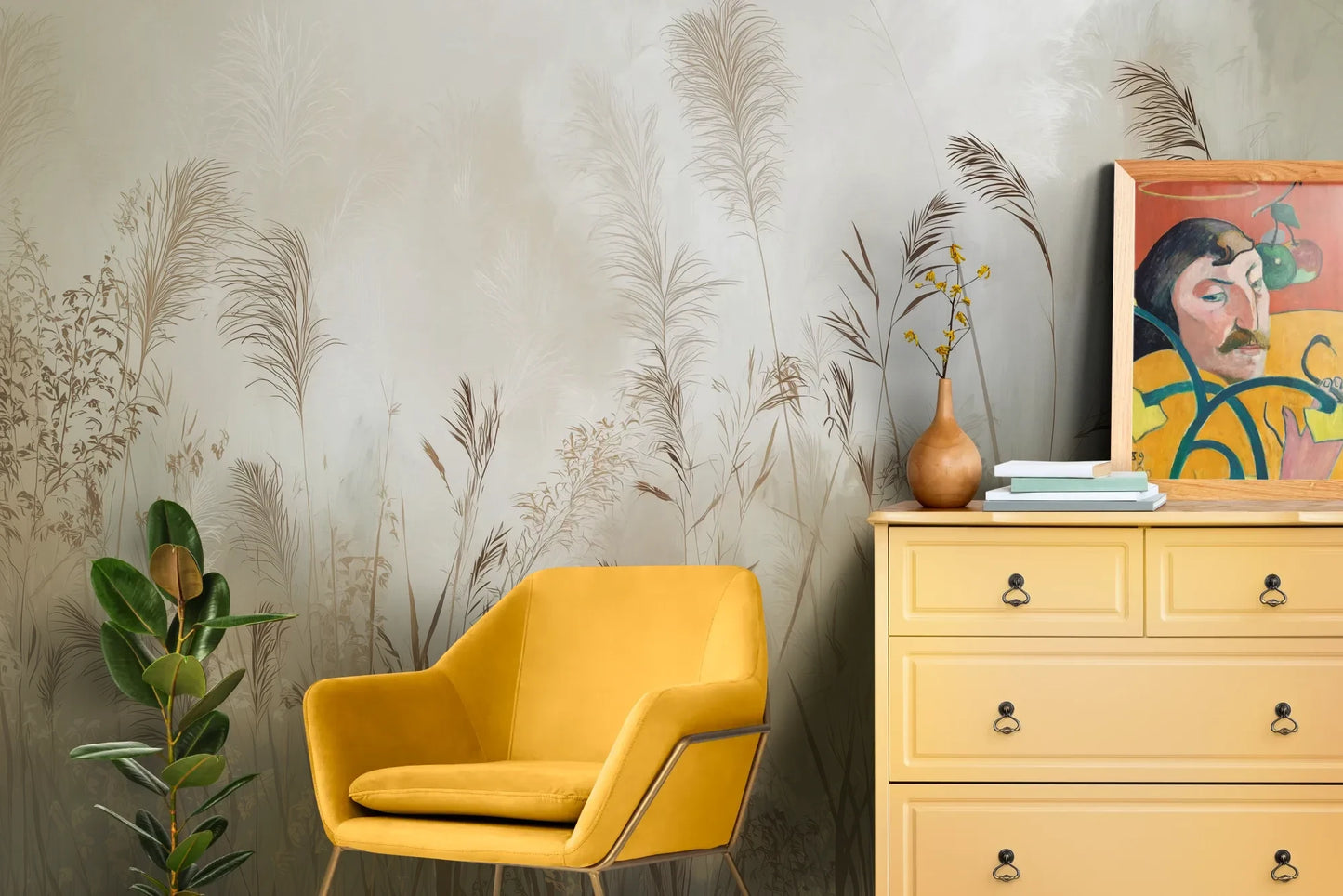 Wzór fototapety TRANQUIL ECHOES - tapeta z mglistymi trawami w sepii pokazanej w aranżacji salonu.